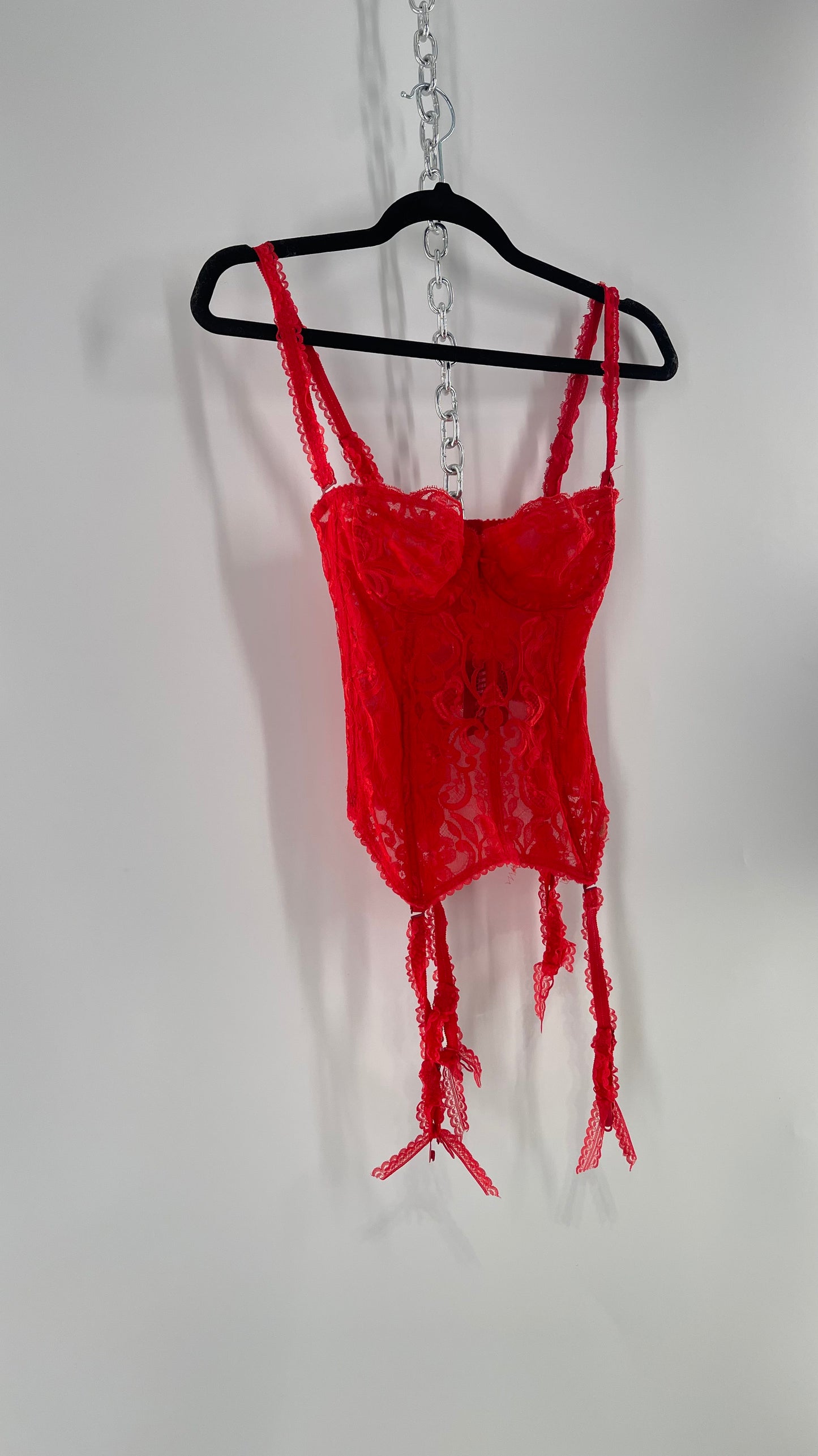 90s Vintage Red Lace Corset with Ruffled Sleeves and Removable Garter Straps (32B)