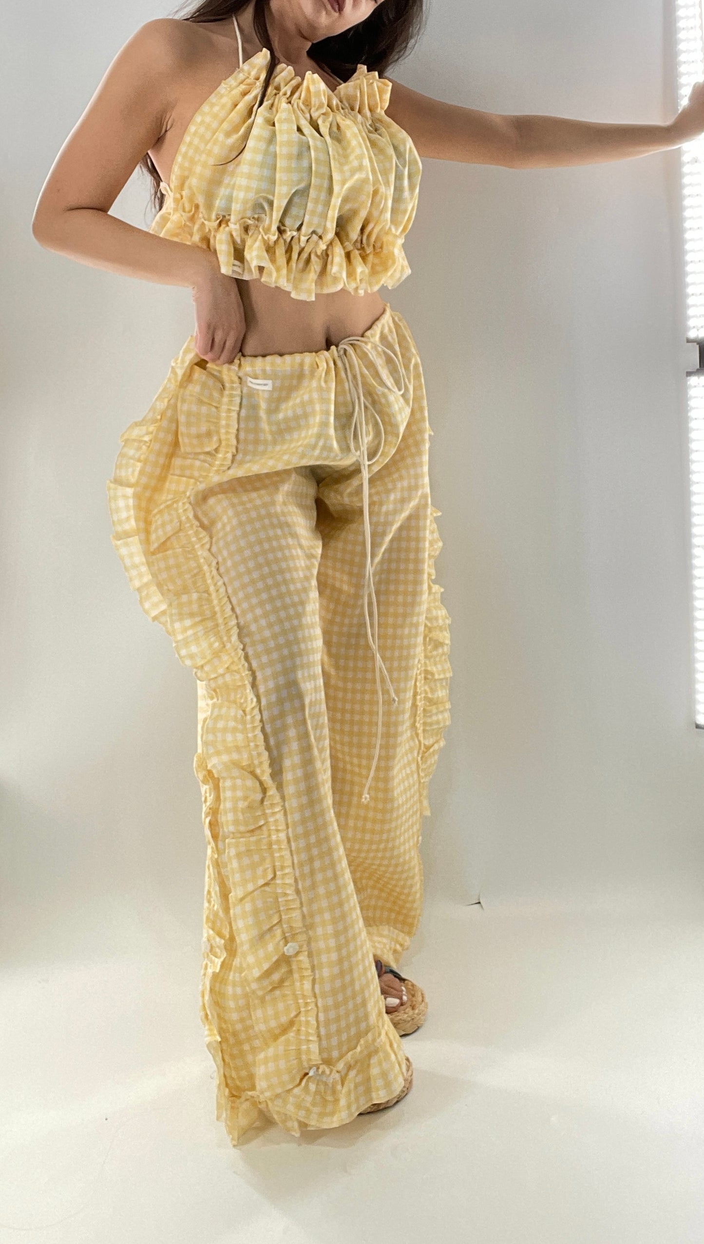 Vintage 2 Piece Yellow Checkered/Gingham Patterned Picnic Set with Ruched Bust Top and Ruffle Side Wide Legs with Adjustable Length, Strap Up Buttons on Hem (One Size)