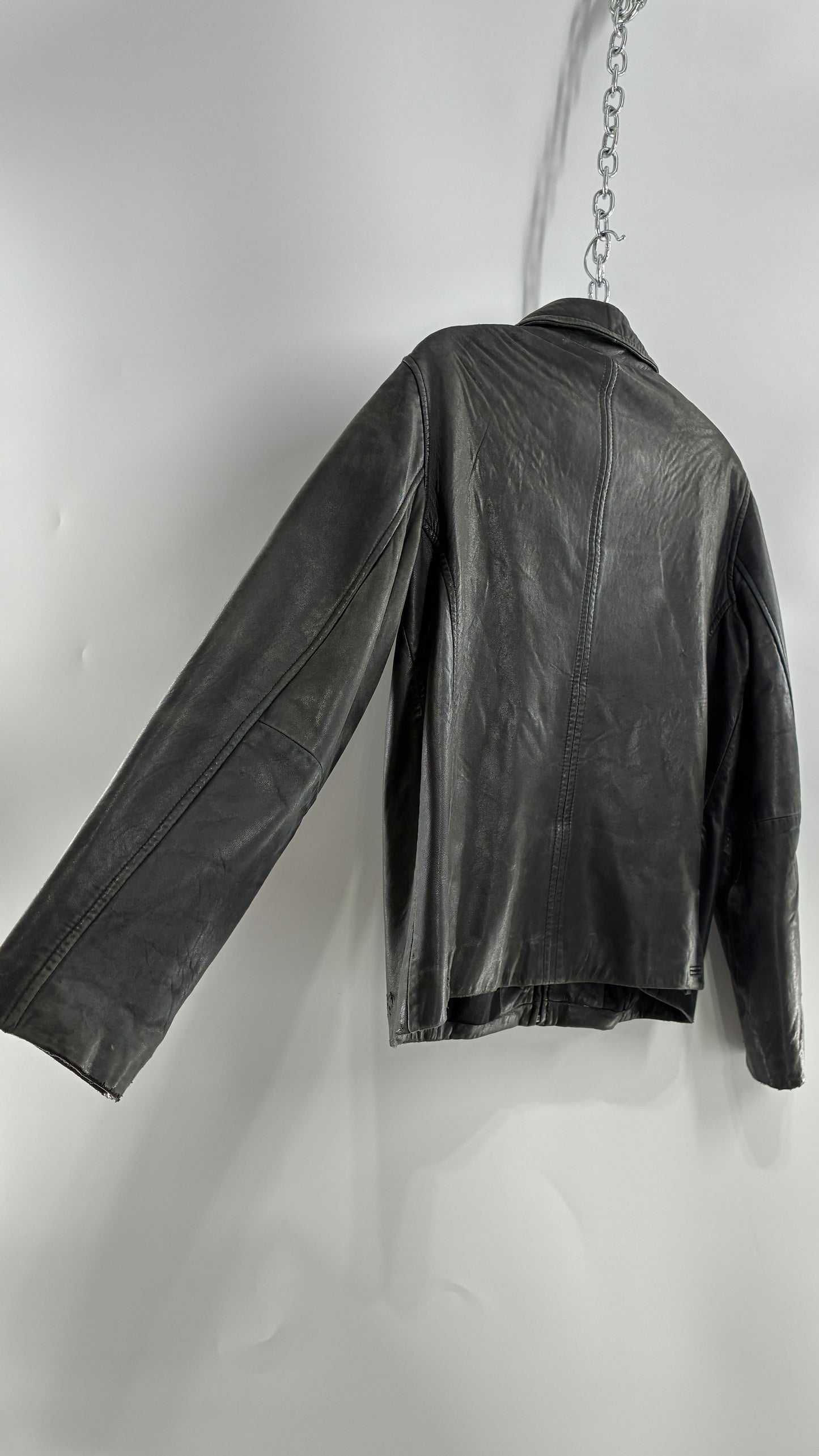 Vintage WINLIT New York Black Leather Collared Zip Front Paneled Jacket (Large)