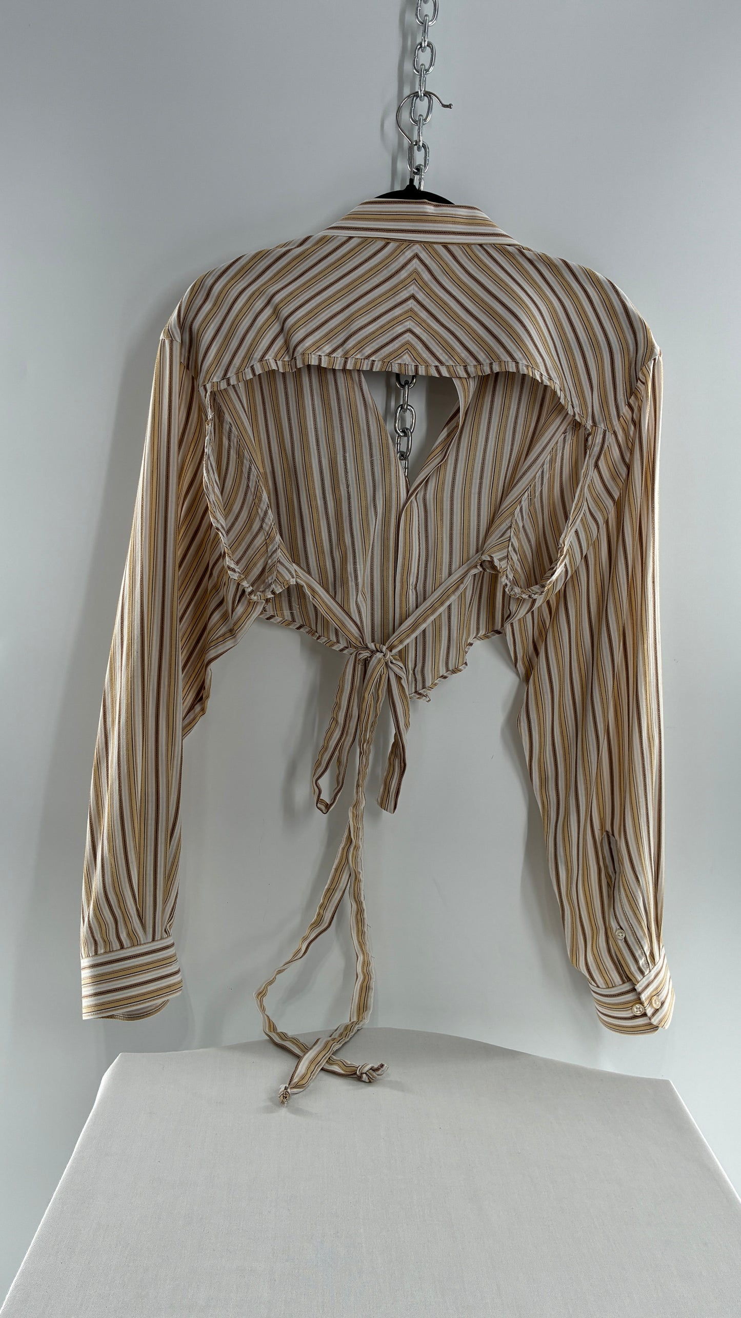 Vintage VAN HEUSEN Reworked Button Front Backless Mustard Yellow, Brown Striped Blouse (One Size)