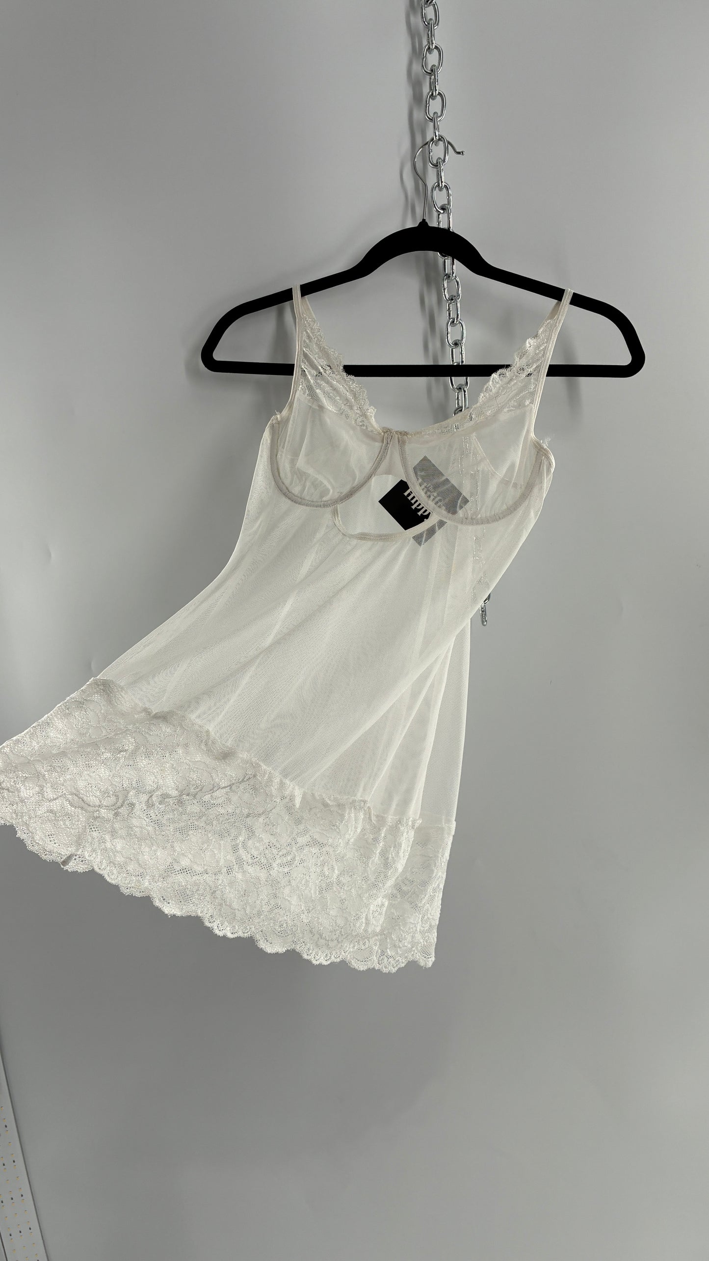 Vintage White Mesh Underwire Balconette Camisole with Thick Lace Band (S/M)