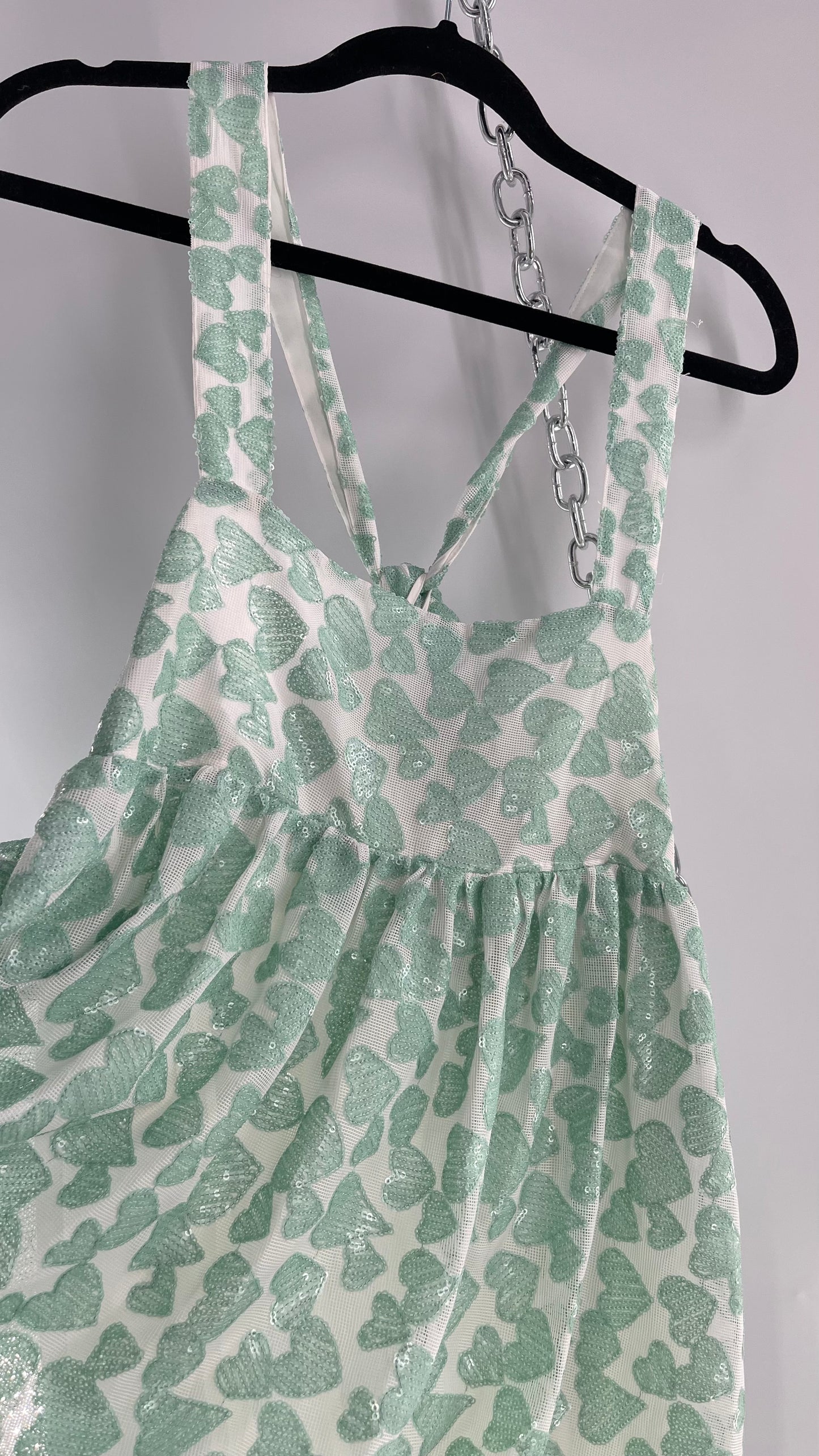 Kimchi Blue Babydoll Dress Covered in Sequin Teal/Mint Hearts (Medium)