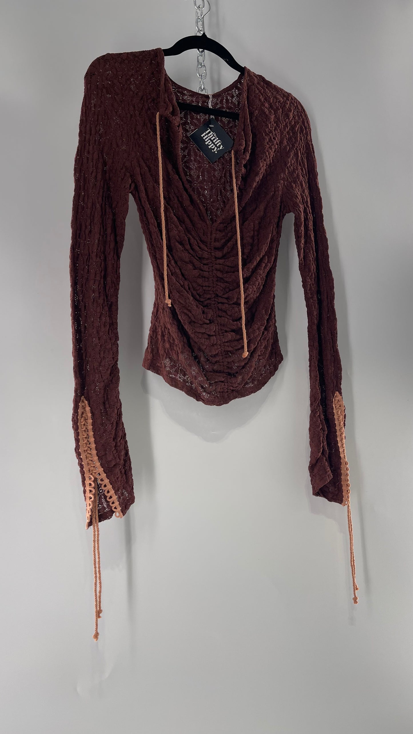 Free People Burgundy Lace Long Sleeve with Pink Lace Up Sleeve Detail (Medium)