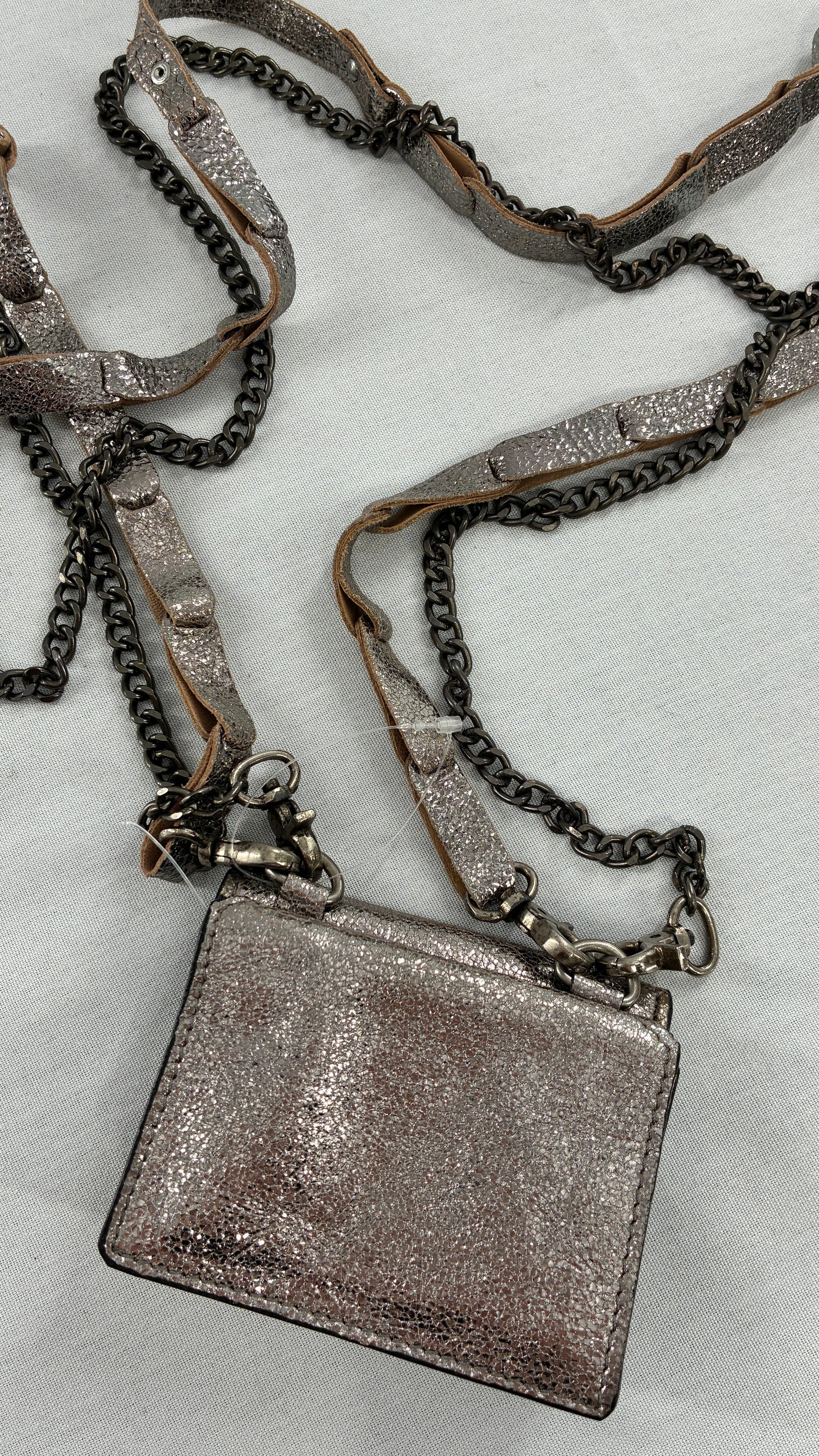 Free People Silver Gun Metal Metallic Goat Leather Wallet with Leather and Chain Straps