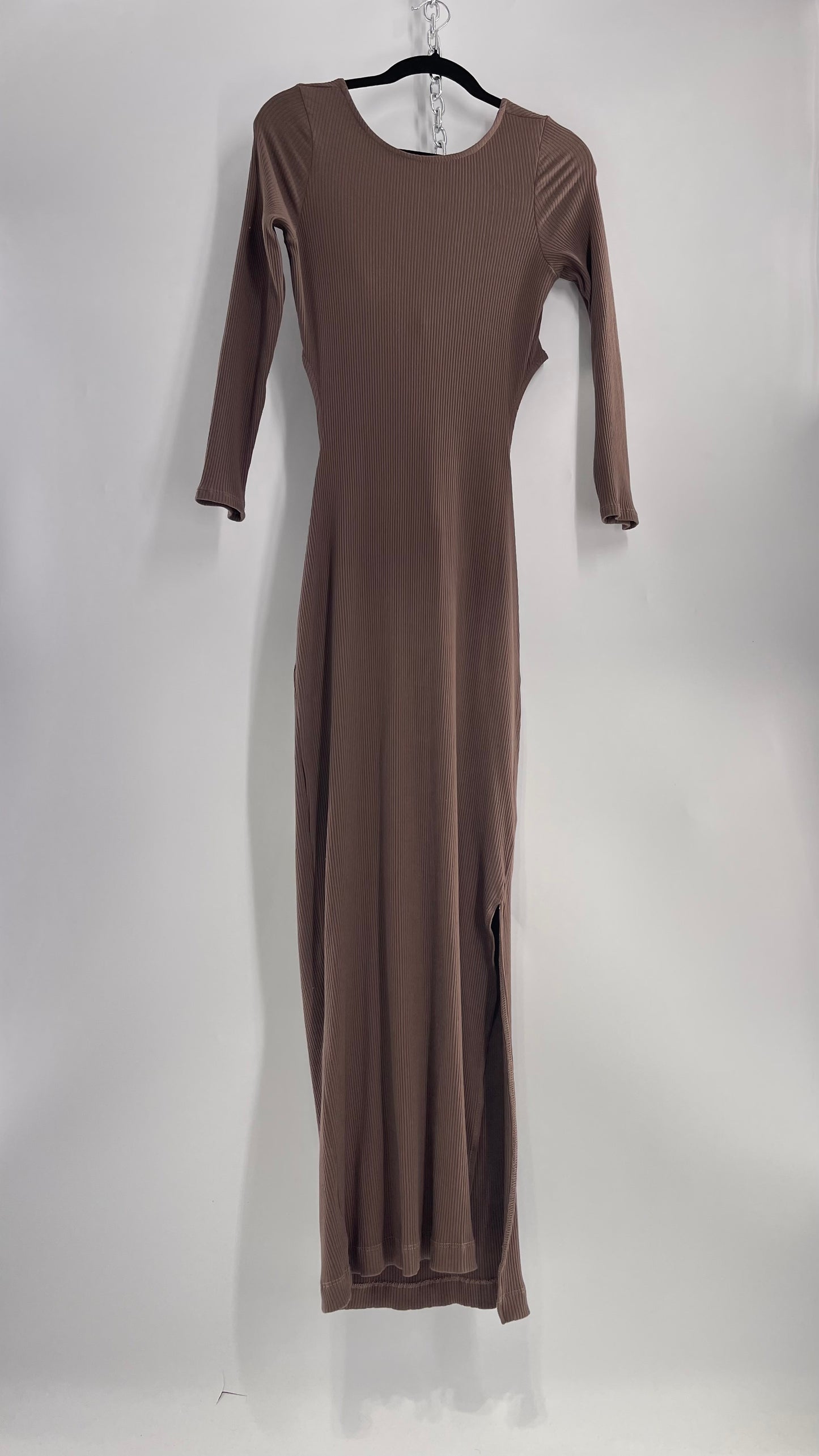 Free People Brown Ribbed Maxi Dress with Low Open Back and Dramatic Tie Detail (Large)