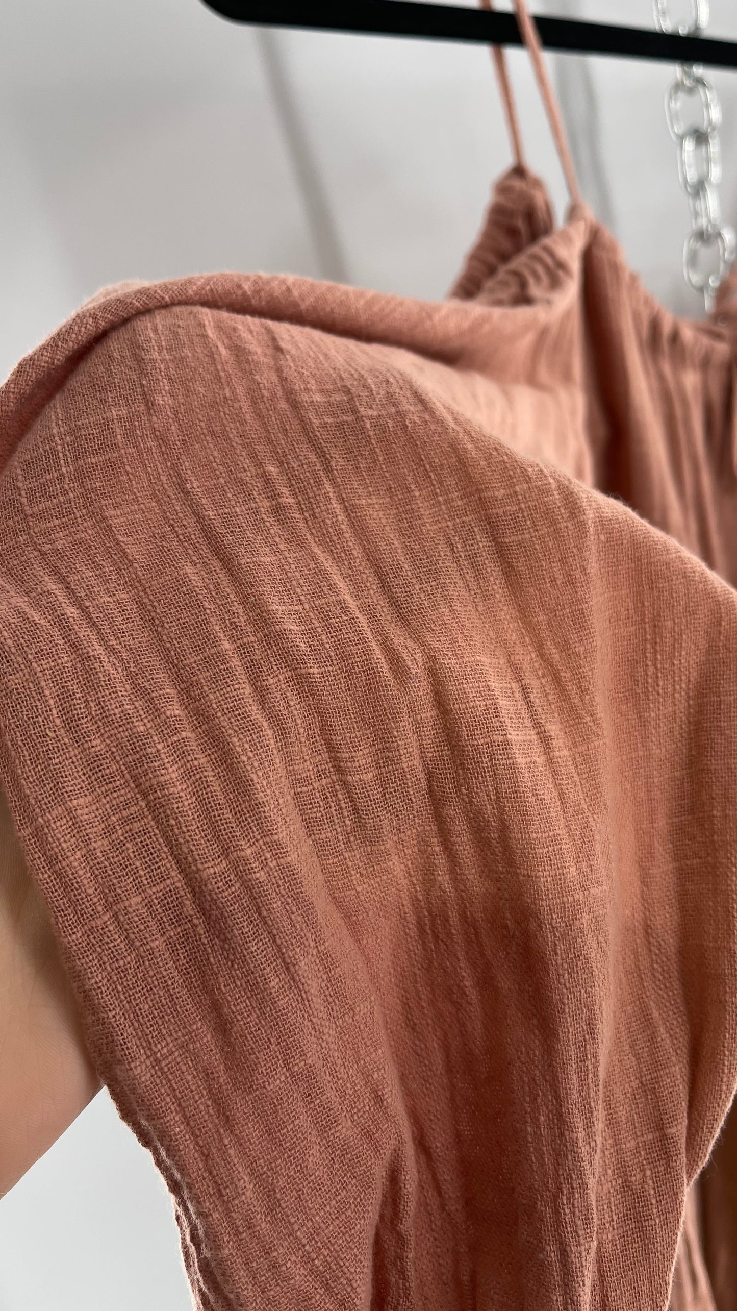 Free People Peachy Pink Coral Off the Shoulder 100% Cotton Voluminous Button Front Blouse (Small)
