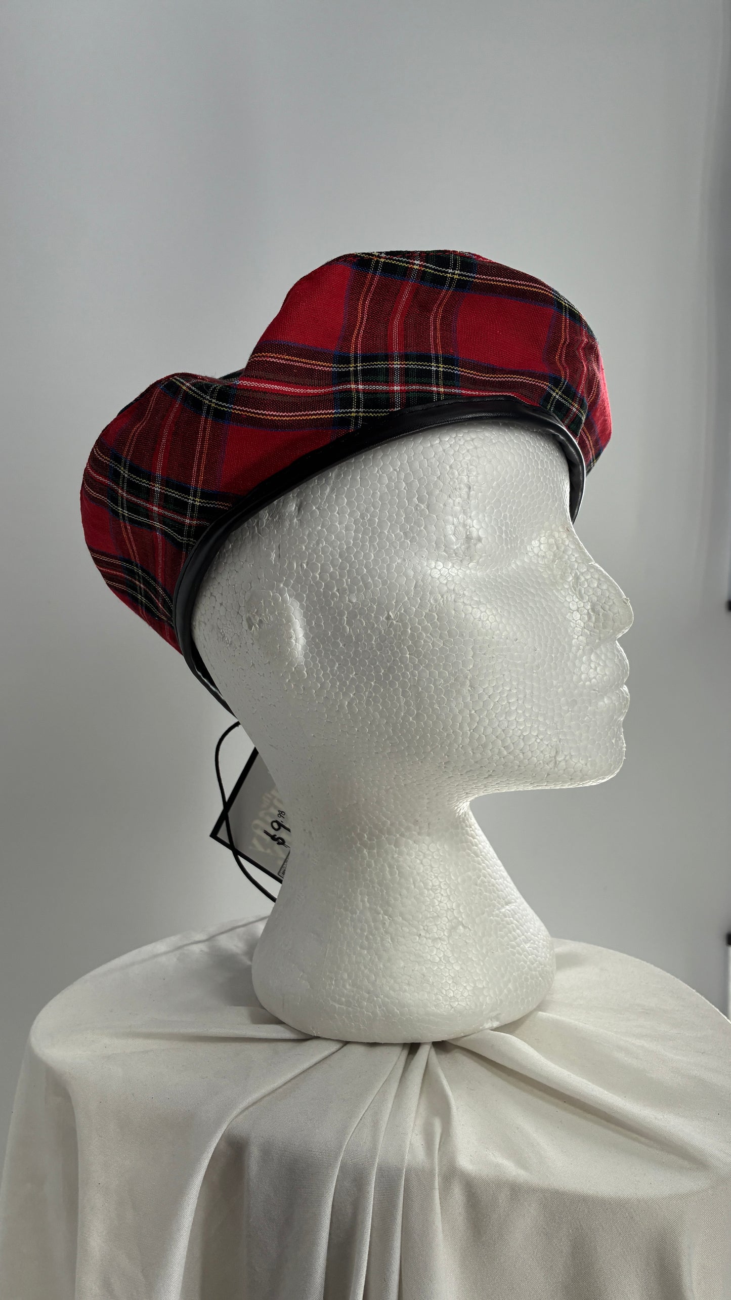 Red Plaid Beret with Vegan Leather Strap with Silver Metal Hardware