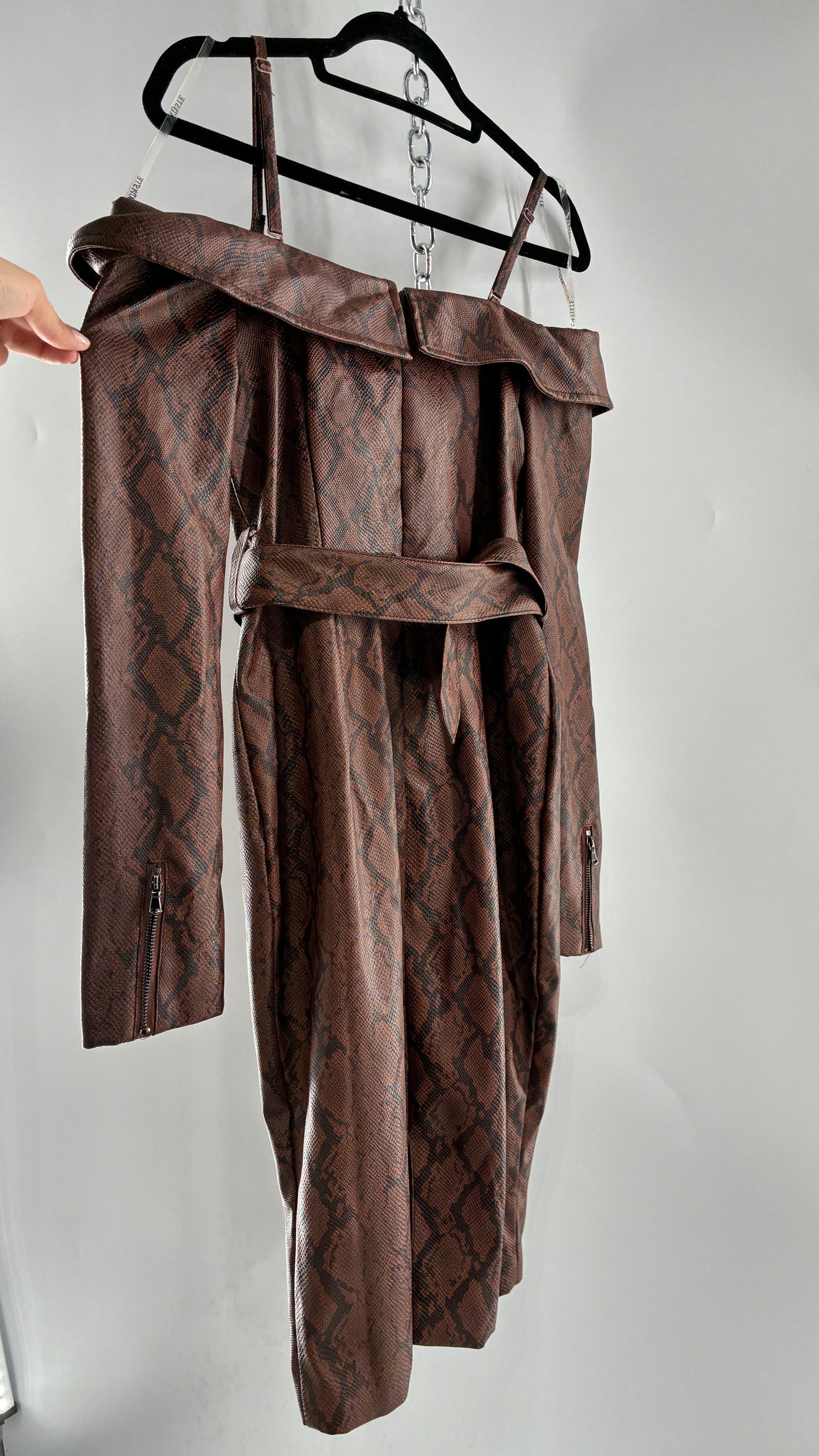 L’ATISTE Snakeskin Vegan Leather Moto Off the Shoulder, Knee High Dress (Medium)