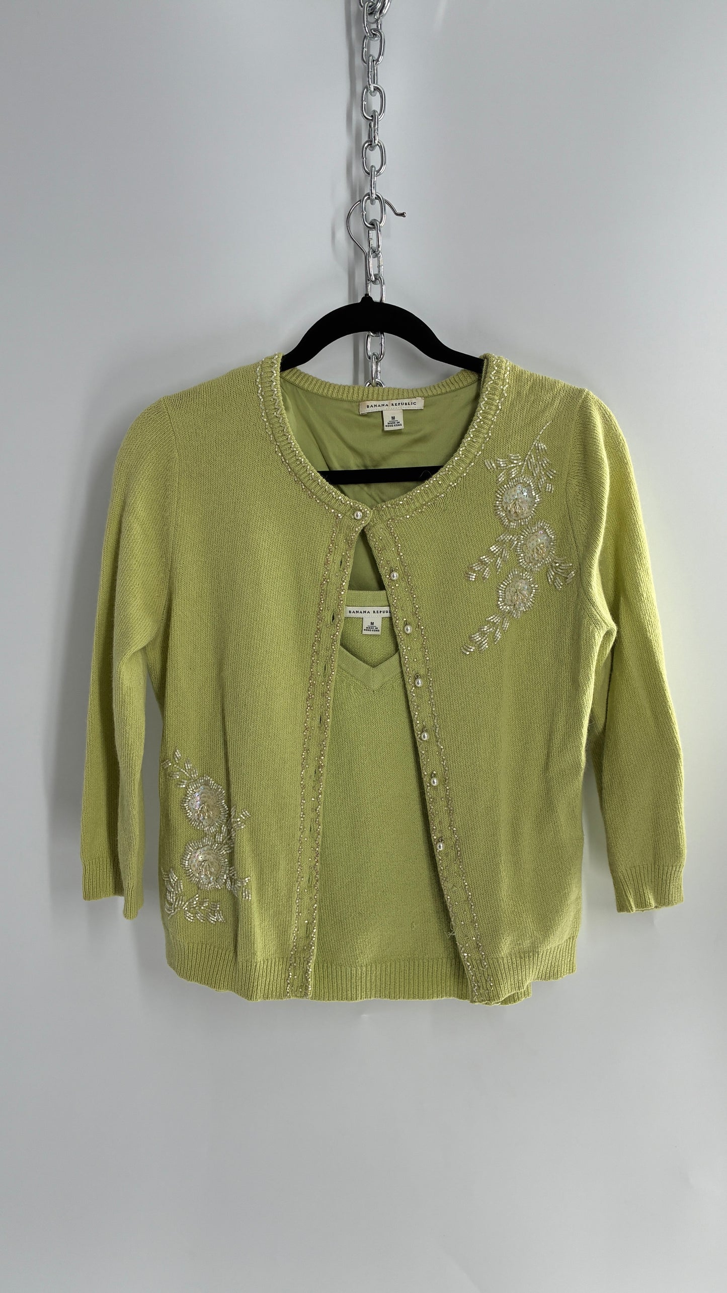Vintage Banana Republic Bedazzled, Beaded Lime Green Cardigan and Knit Tank Set (Medium)