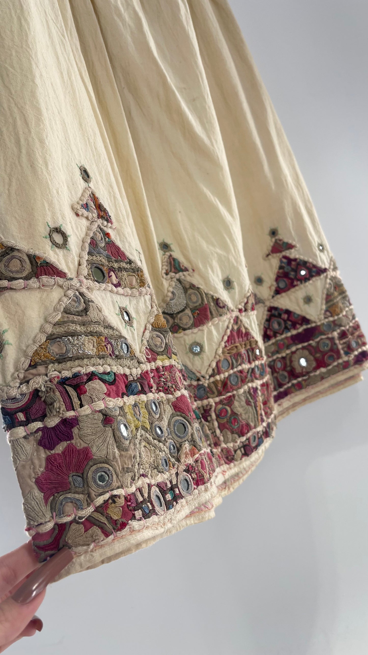 Vintage Imported Hand Stitched Skirt with Embroidered, Patchwork and Mirror Details (S/M Drawstring Waist)