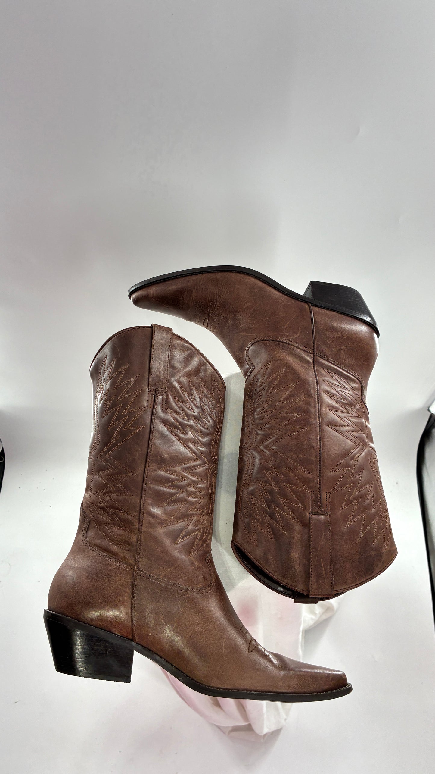 Vintage Genuine Leather Brown Cowboy Boots Made in Brazil (9.5)