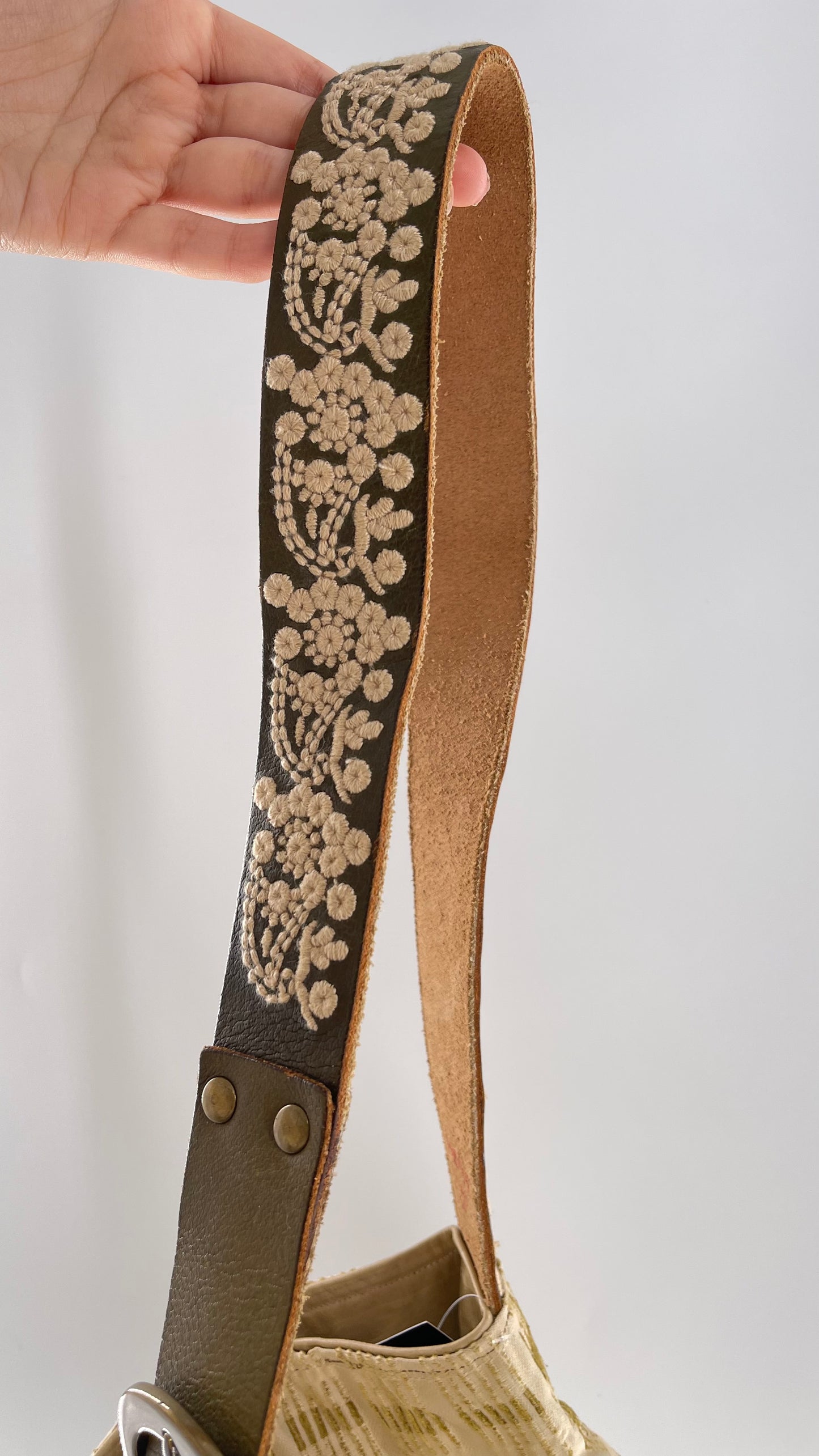 Tote with Embroidered Gold Exterior, Embroidered Leather Strap and Leather Interior - Shown Reversed