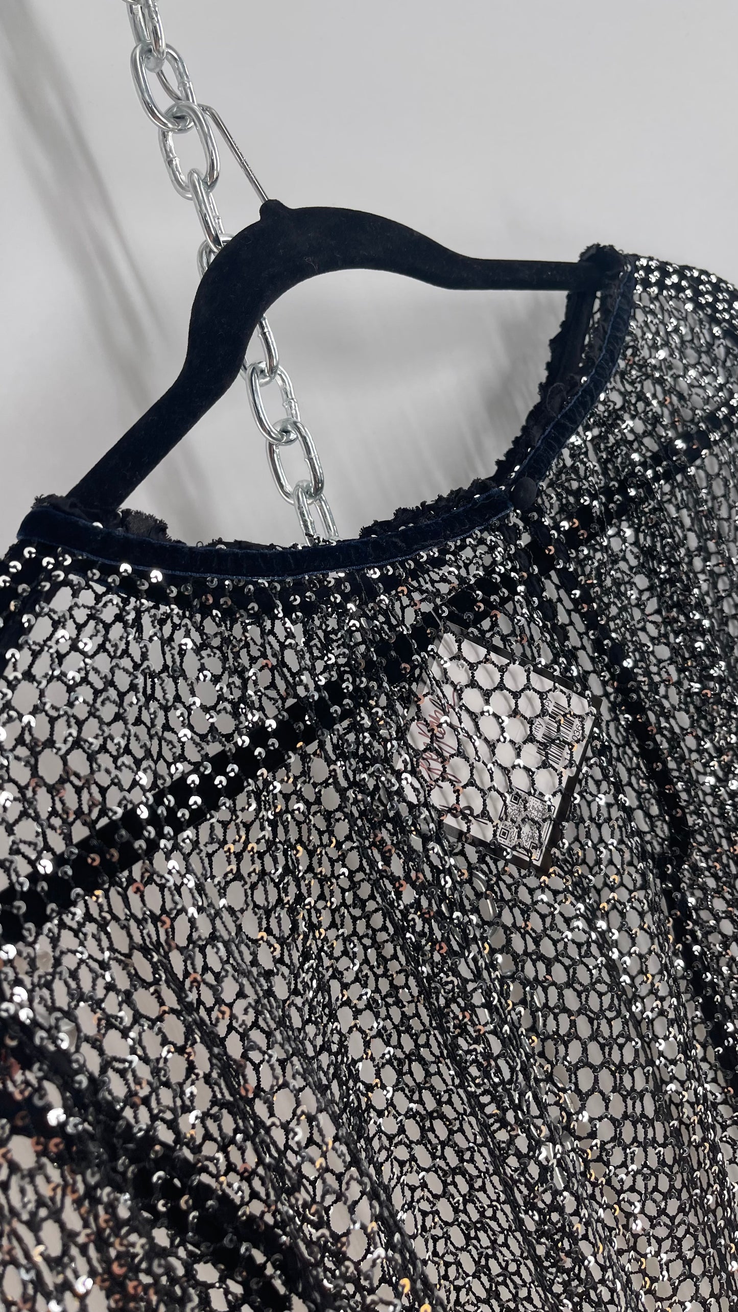 Free People Disco Black Mesh Blouse with Velvet Ribbon Trim (S/M)