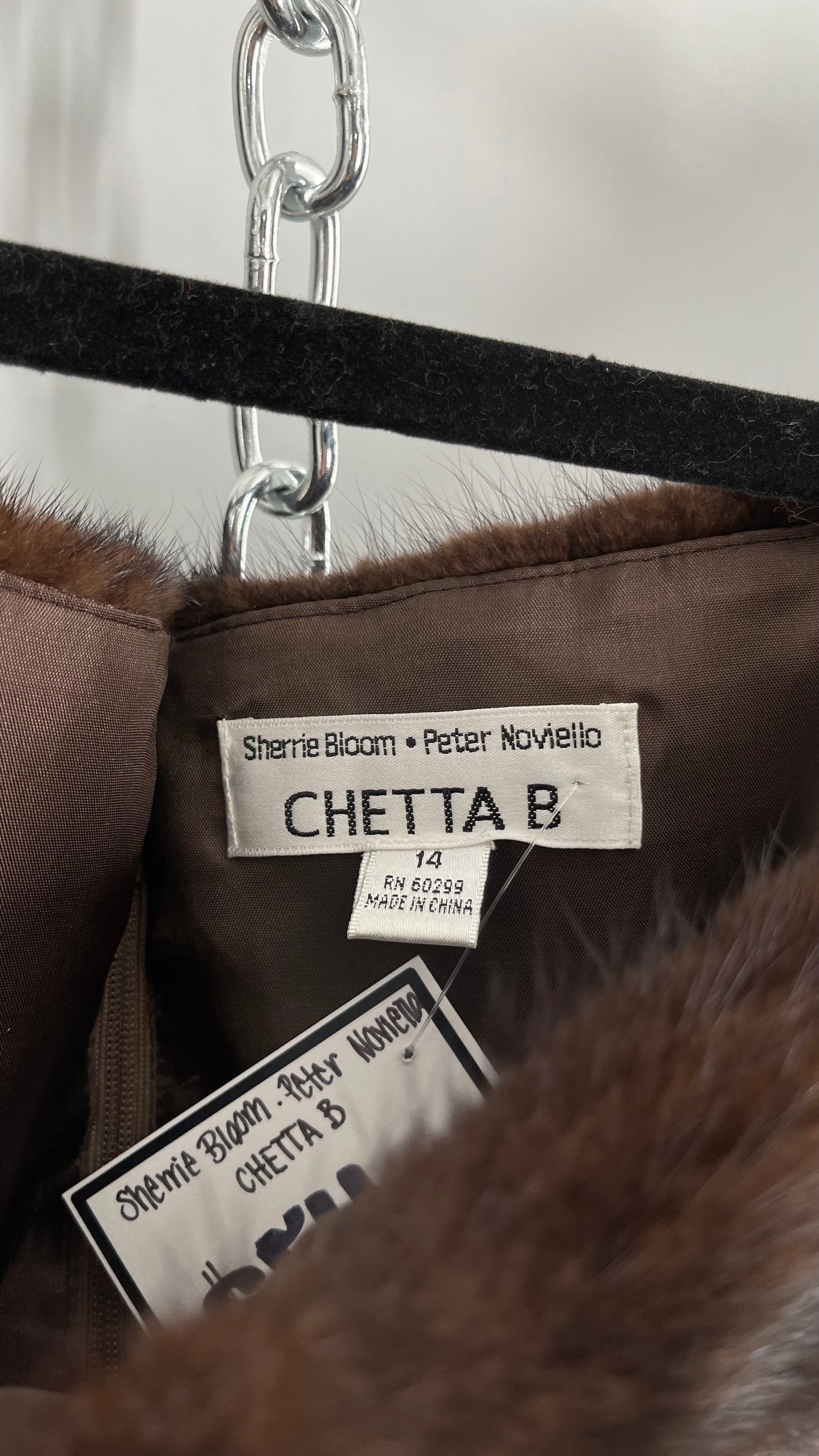 Vintage Sherrie Bloom • Peter Noviella• CHETTA B 100% Silk Brown Corset with Fur Trim Off the Shoulder Collar (14)