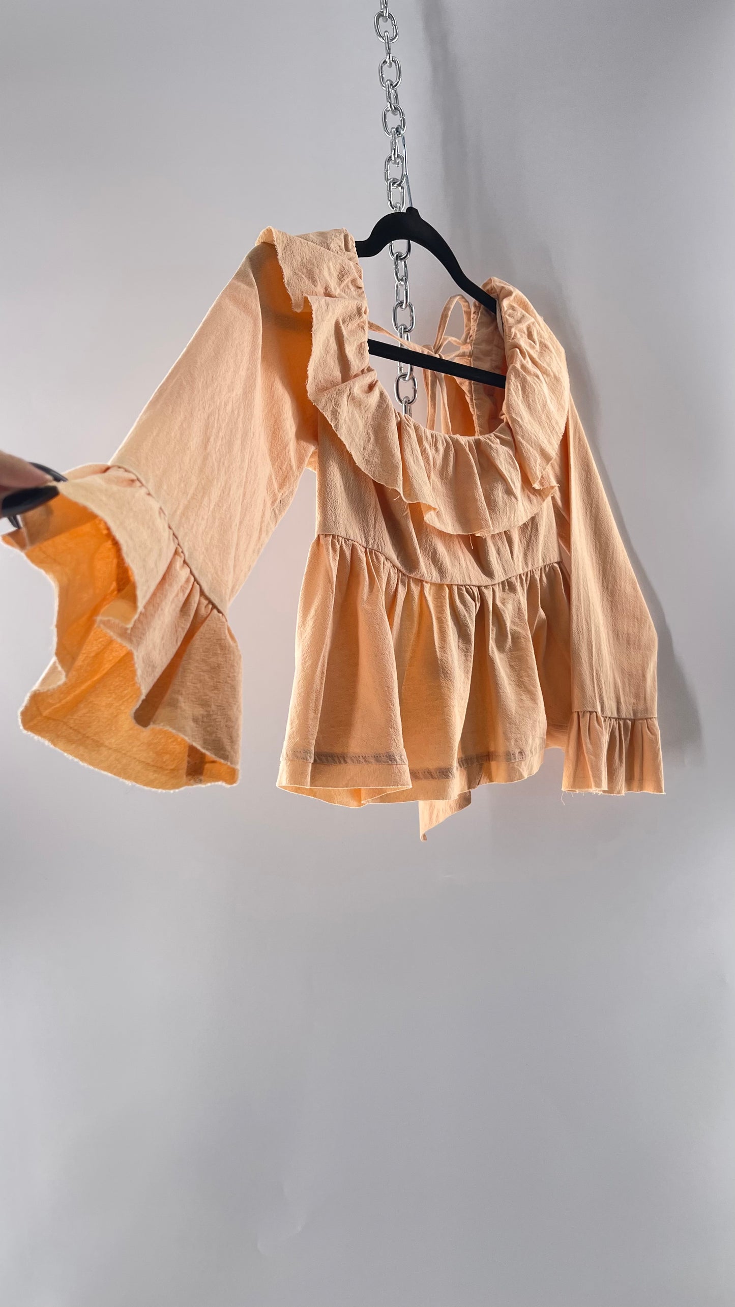 Free People Pumpkin Light Orange Backless Bow Back Cropped Blouse with Ruffle Sleeve and Neckline (XS)