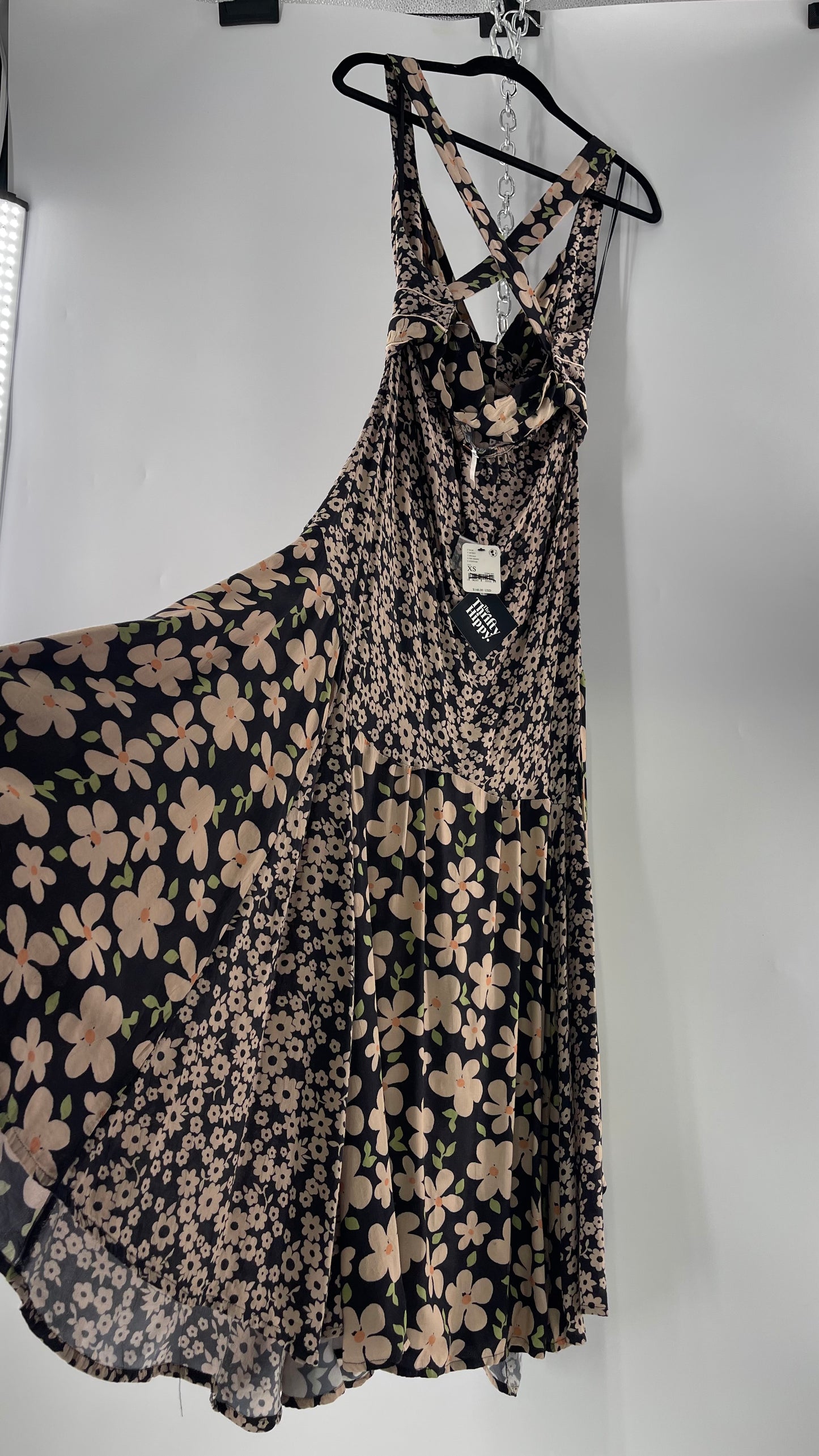 Free People Daisy Mixed Pattern Black/Beige Button Front Full Length Dress (XS)