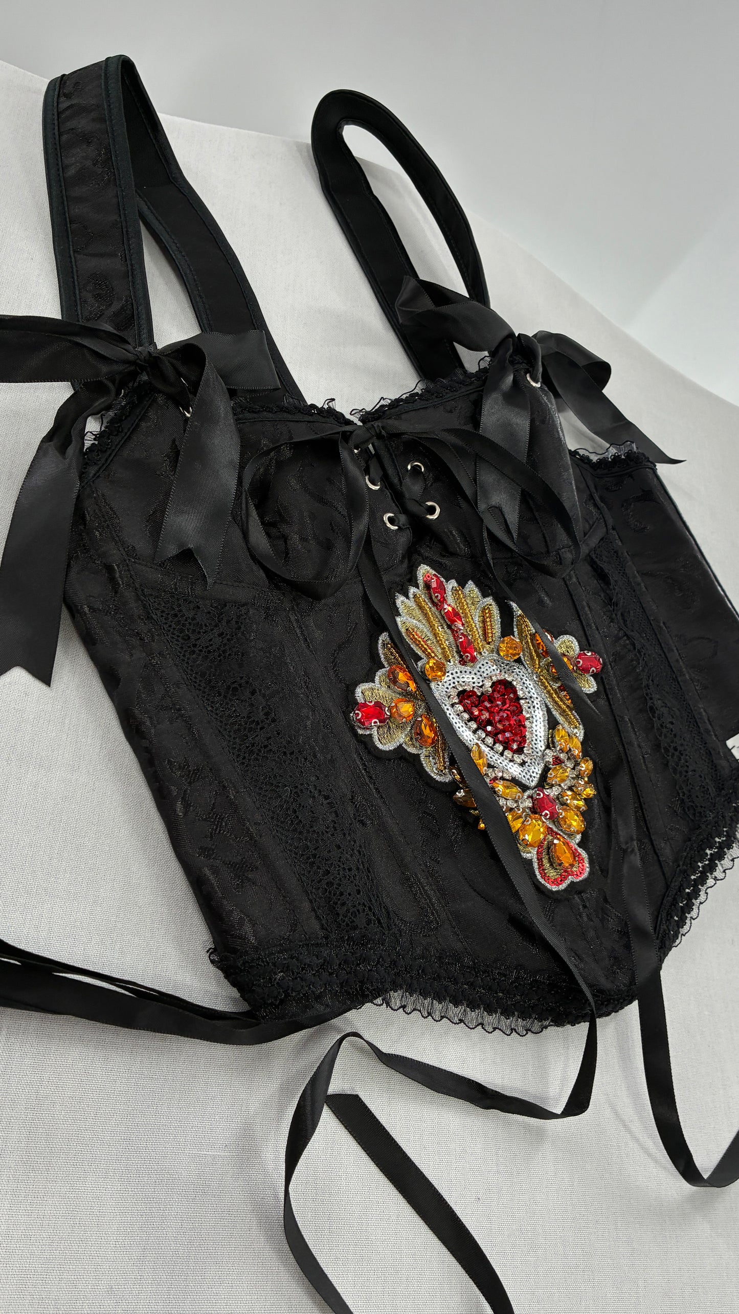 Custom Black Jacquard Corset, Handmade with Heart Appliqué, Bows, Embroidery, Gemstones, Lace and Ruffles (S/M)