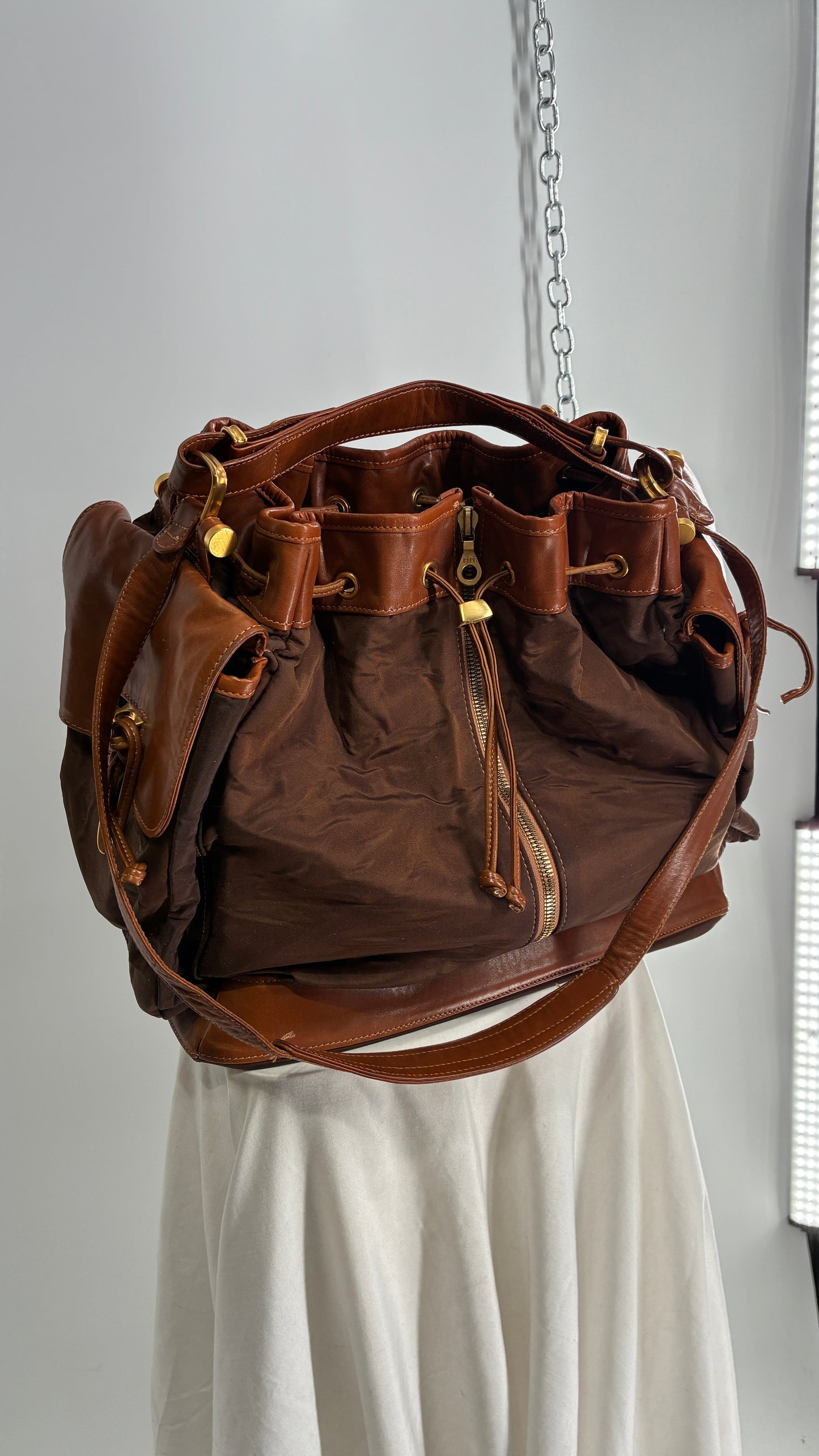 Vintage DONNA KARAN DKNY Oversized XL Brown Zip Front Bag with Leather Details