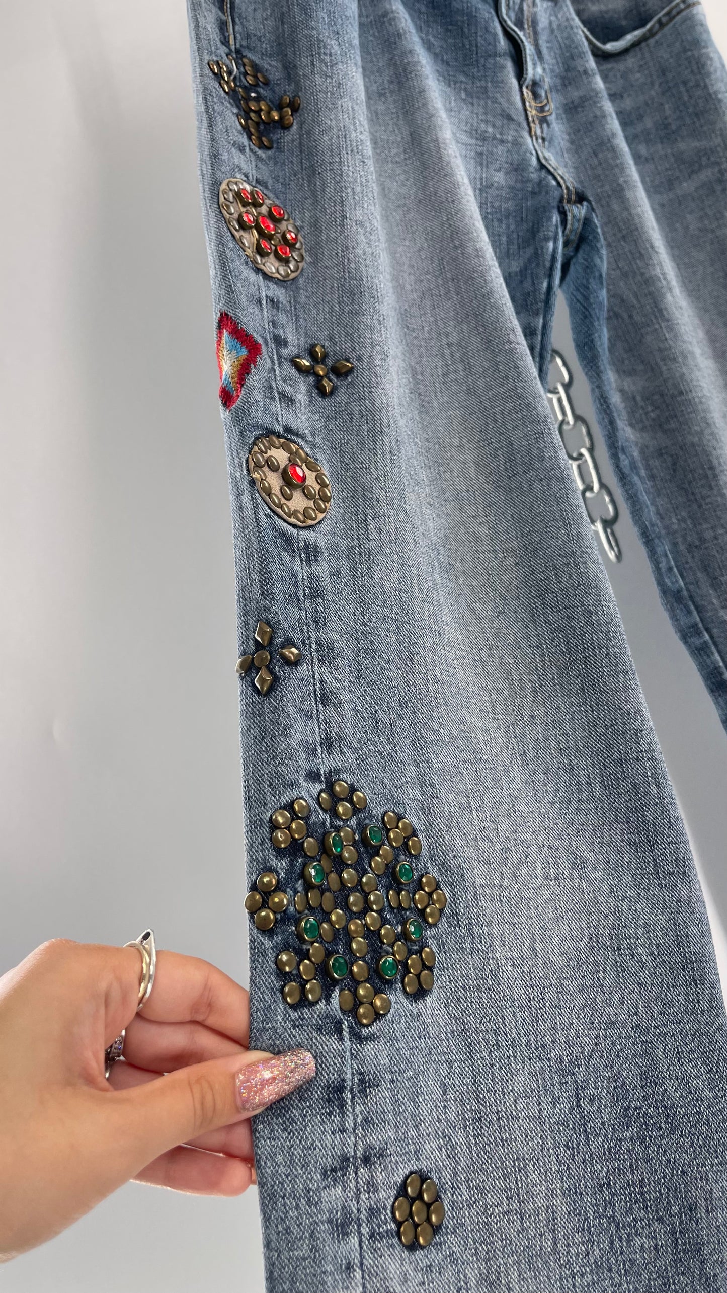 Western Denim Bank Light Wash Straight Legs with Gold/Bronze Metal Studs and Jewels (29)