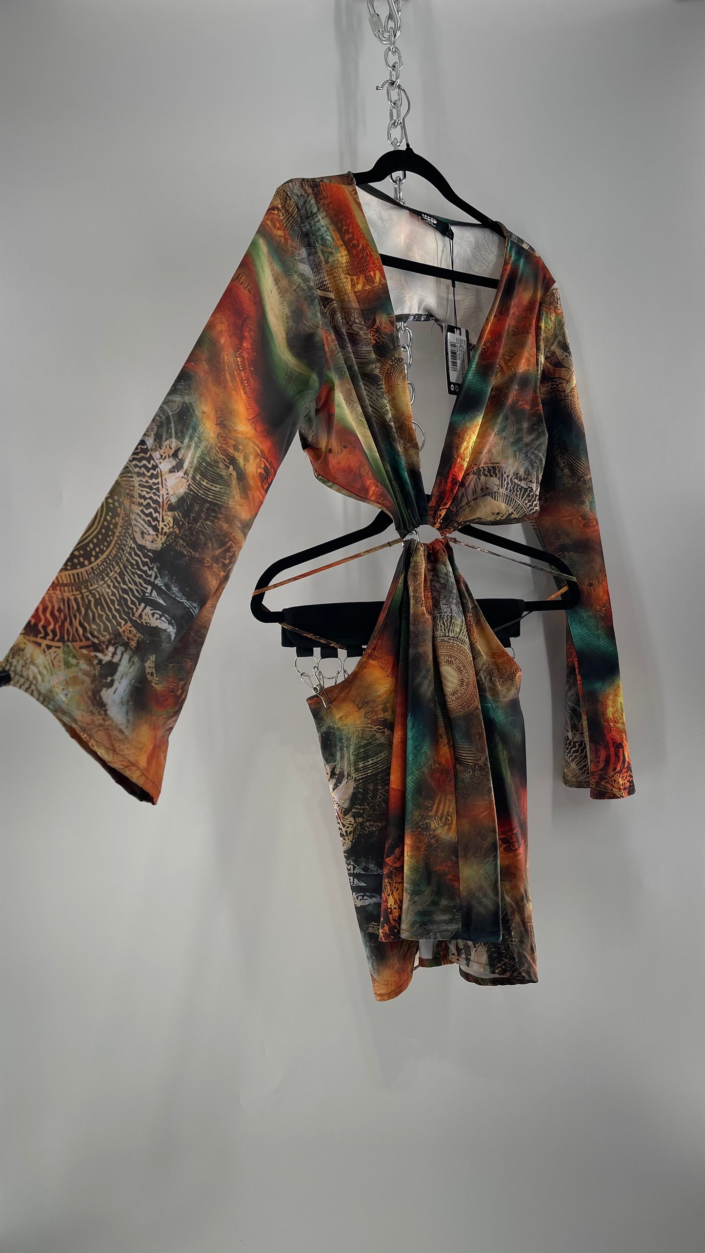 Jaded London Graphic Green, Orange, Yellow Dress with Bell Sleeves, Cut Out Waist and Straps (10)