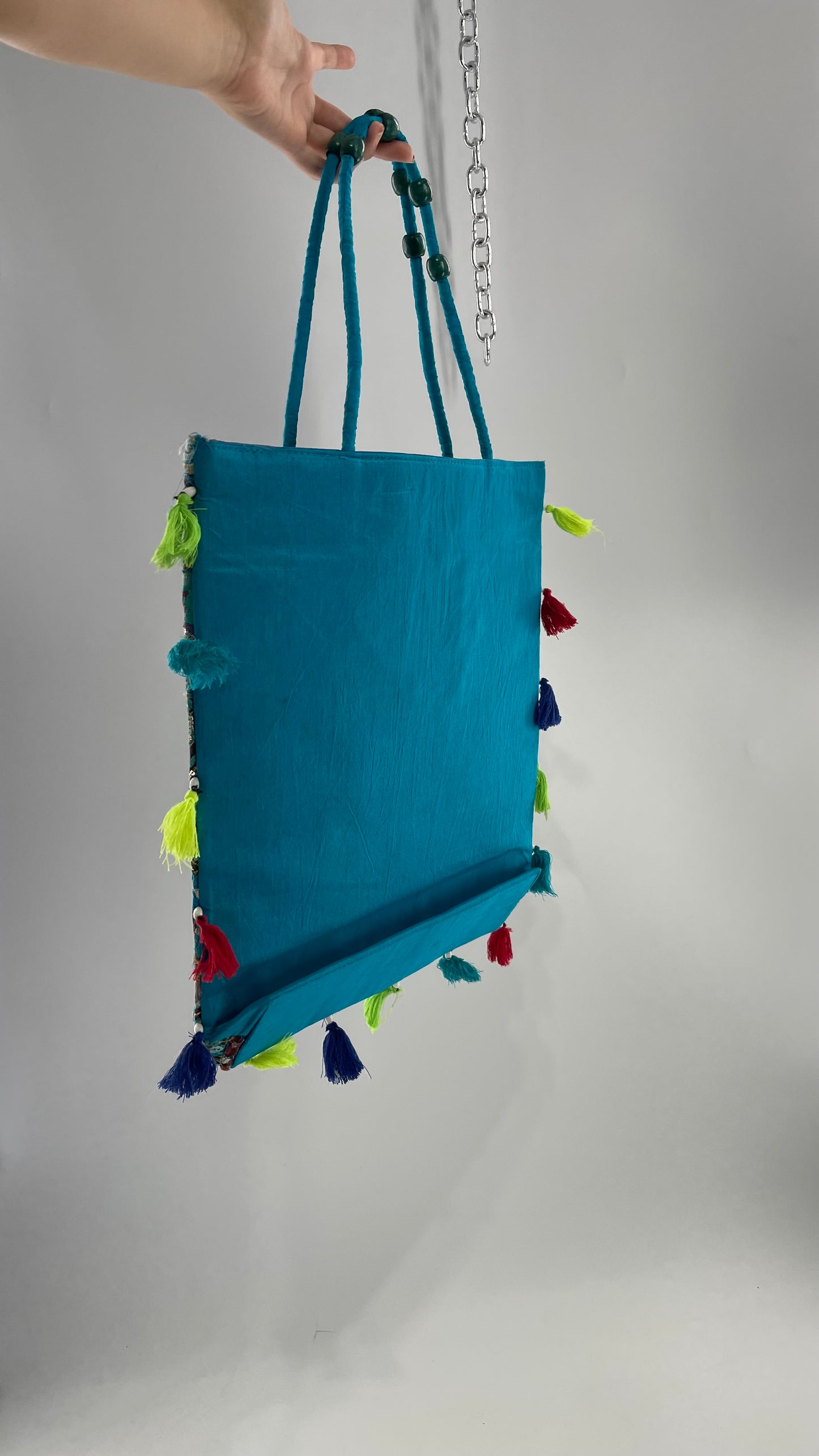 Imported Blue Patchwork Tote from Brazil with Tassel Detailing