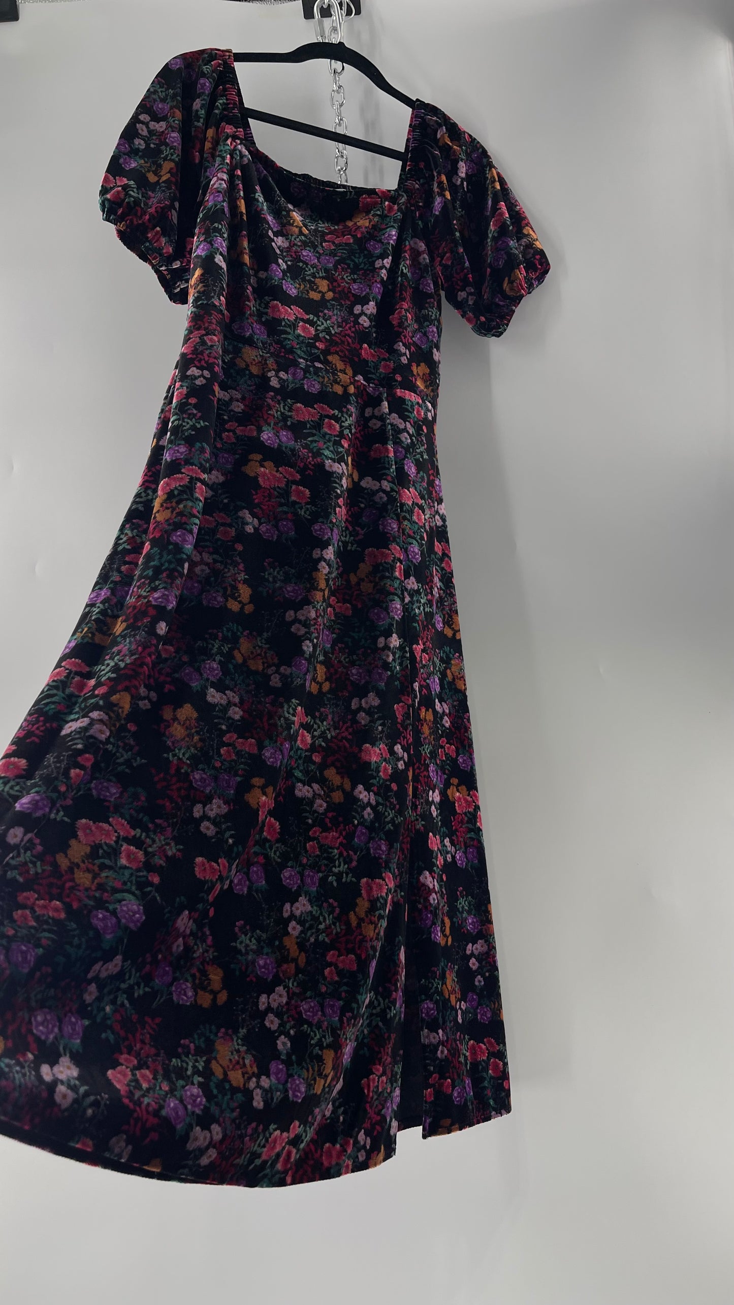 LOFT Velvet Dark Floral Full Length Dress with Puff Sleeves and Smocked Back with Tags Attached (8)