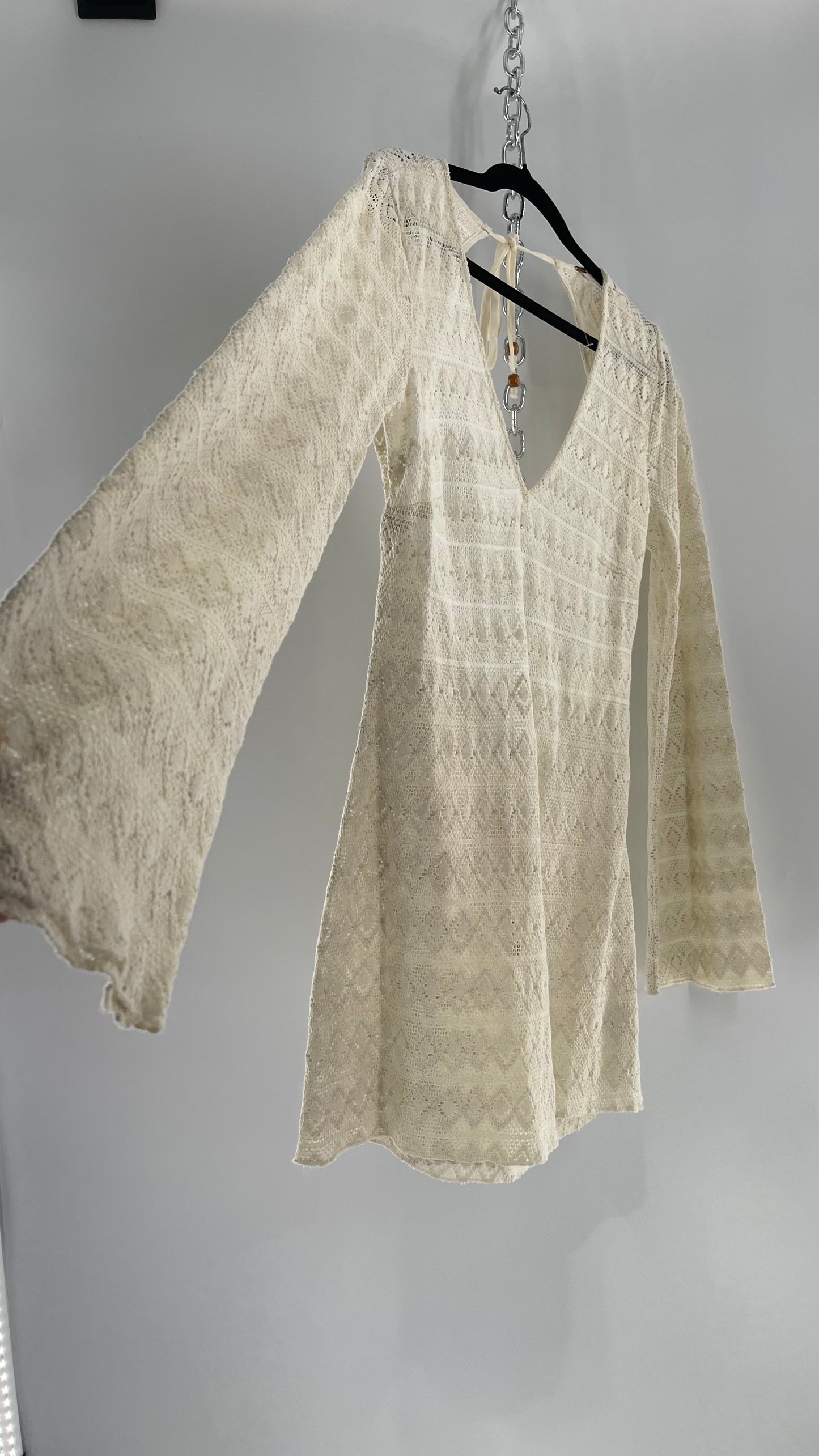 Free People Gauze Lace Open Back Mini Dress with Bell Sleeves (S)