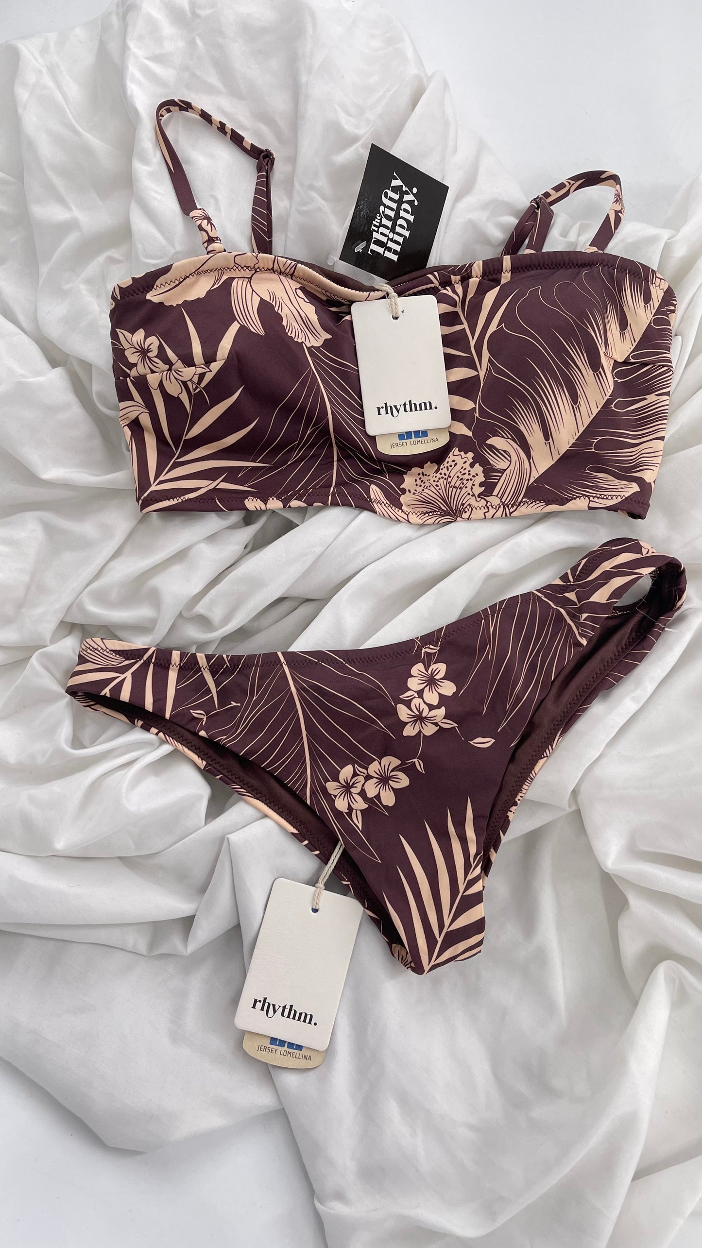 RHYTHM Brown and Beige Tropical Palm Patterned Swim Set with Tags Attached (Medium)