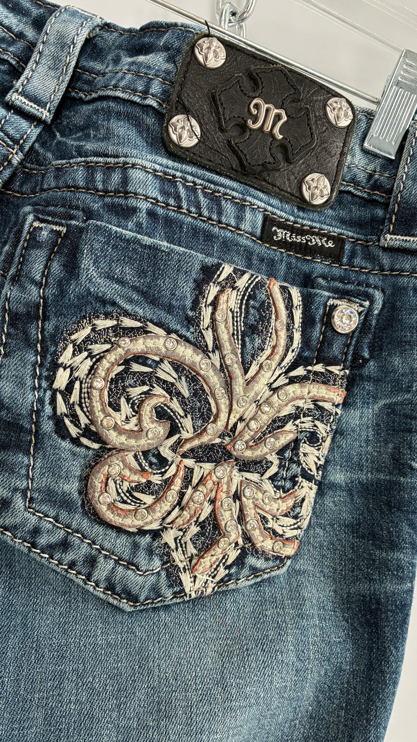 Vintage MISSME Kick Flare Jeans with Embroidered Pockets with Rhinestone Detailing (28)
