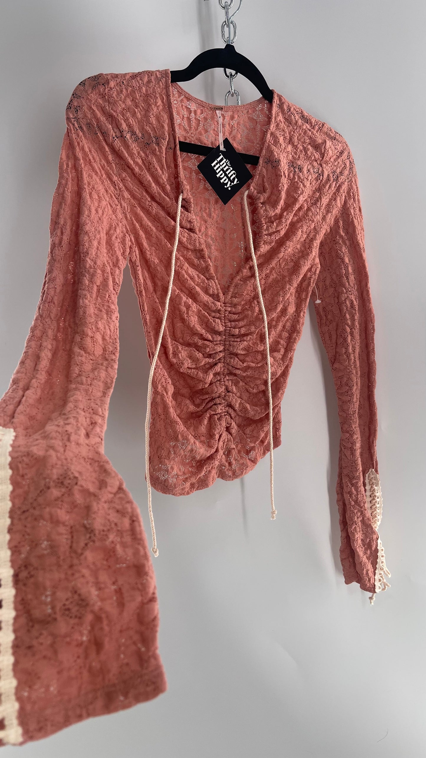 Free People Pink Lace Long Sleeve with Beige Lace Up Sleeve Detail (XS)