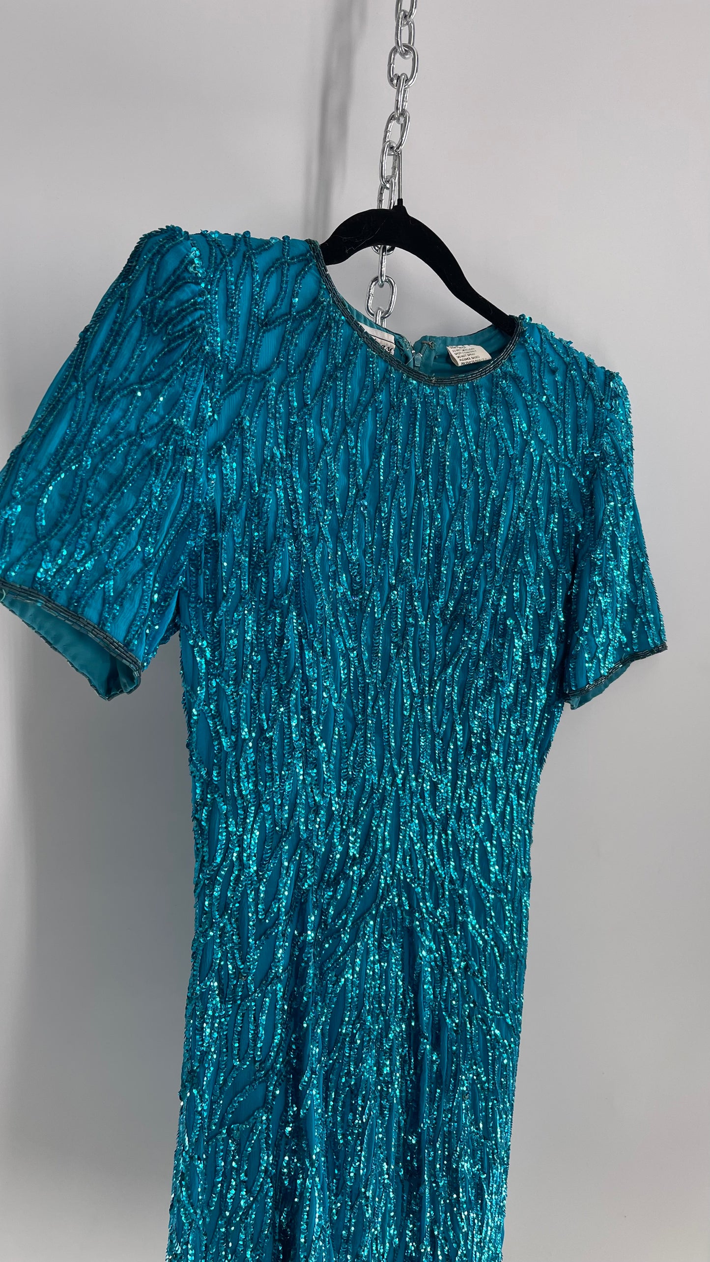 Vintage Sténay 100% Silk Bright Blue Sequin Mini Dress (4)