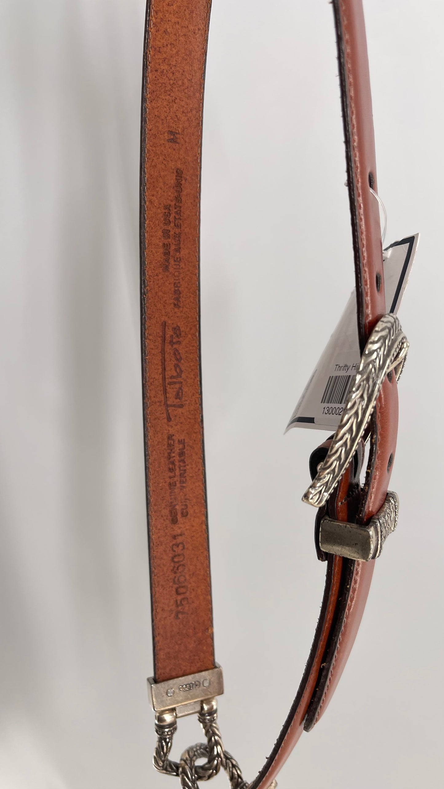 Vintage 1996 Brown Leather Skinny Belt with Western Style Silver Engraved Buckle (Medium)