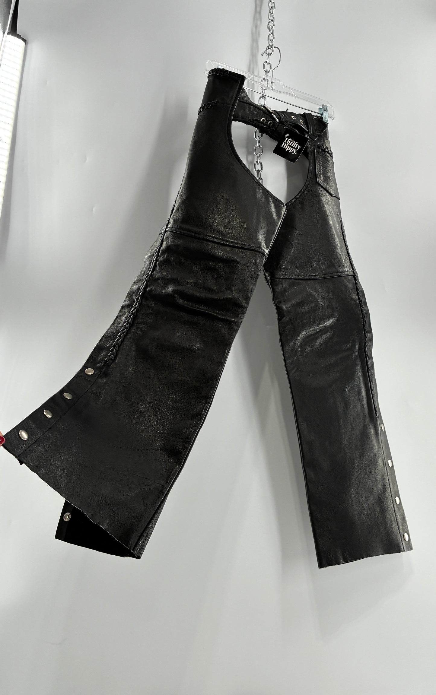 Vintage AMERICAN LEATHER Black Motorcycle Chaps/Pants with Mini Pocket, and Side Zipper Detailing (XS)