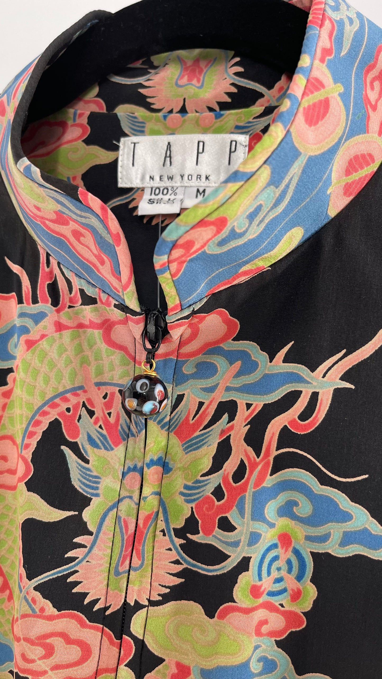Vintage 1990s TAPP NEW YORK 100% Dragon Graphic Zip Front Crop Sleeveless Vest Top Silk (Medium)