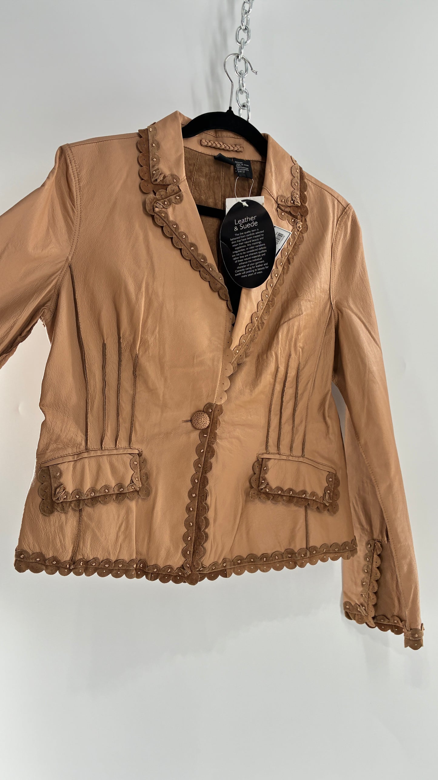 RARE Deadstock Vintage Cami Brown Thin Leather Jacket with Suede Scalloped Trim (12)