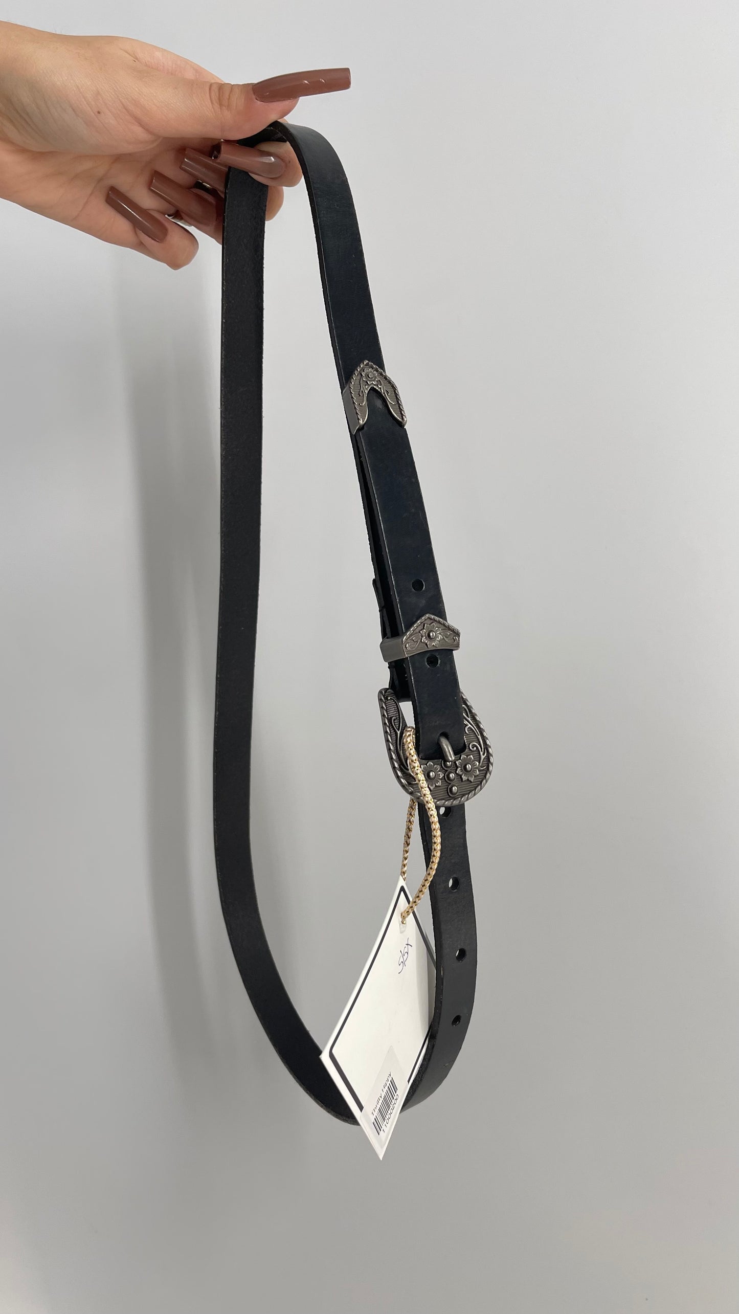 Skinny Black Leather Western Buckle Belt (XS/S)