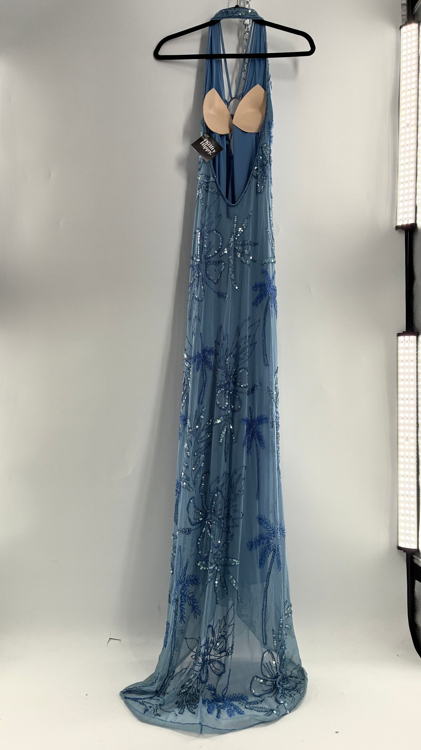 Vintage 1990s Powder Blue Gown Covered in Beaded Appliqué Tropical Designs with Strappy Bust and Low, Open Back (S/M, stretchy no size marked)