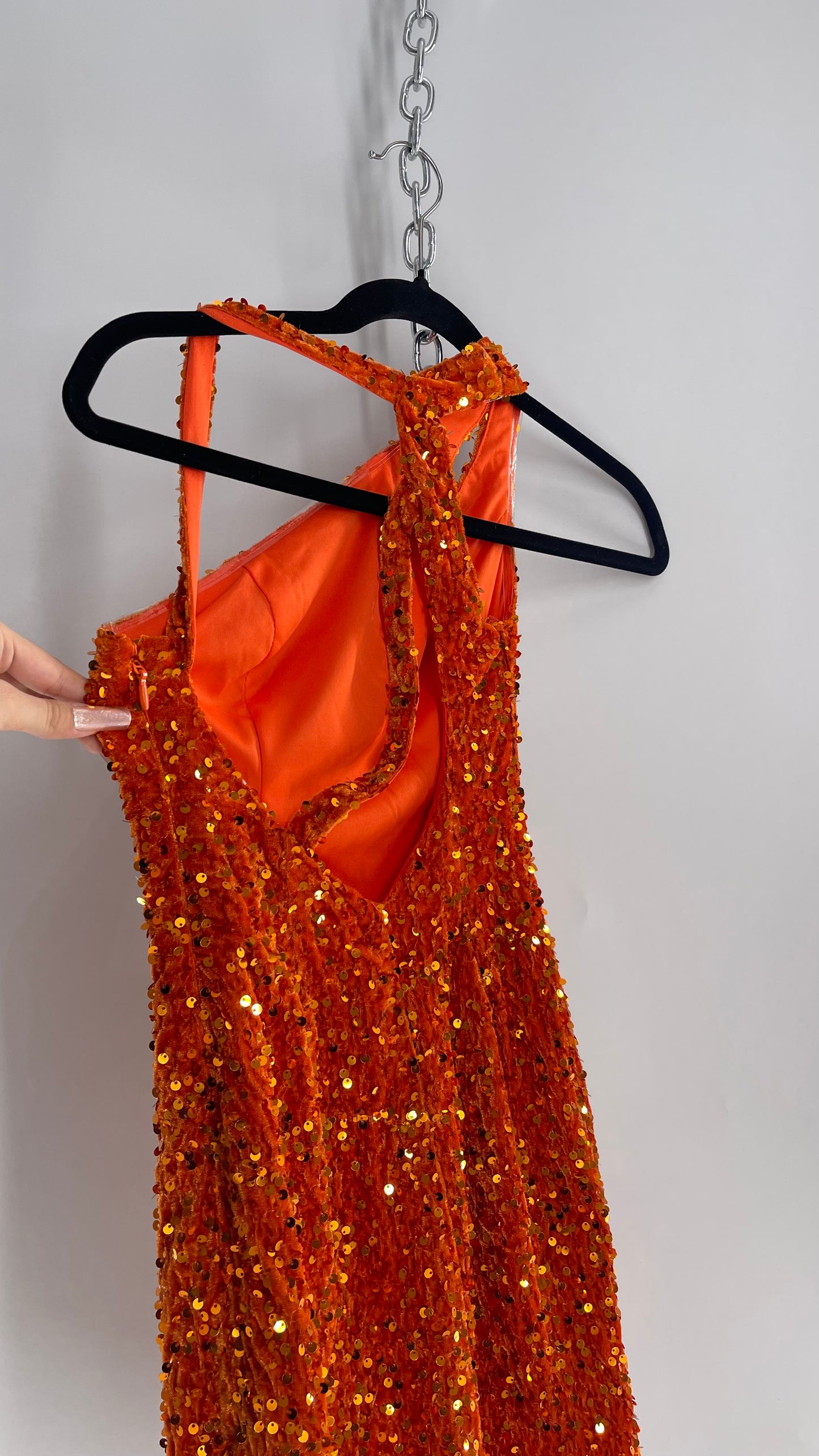 Orange Velvet Sequin Mini Dress with Cut Out Details (XS/S)