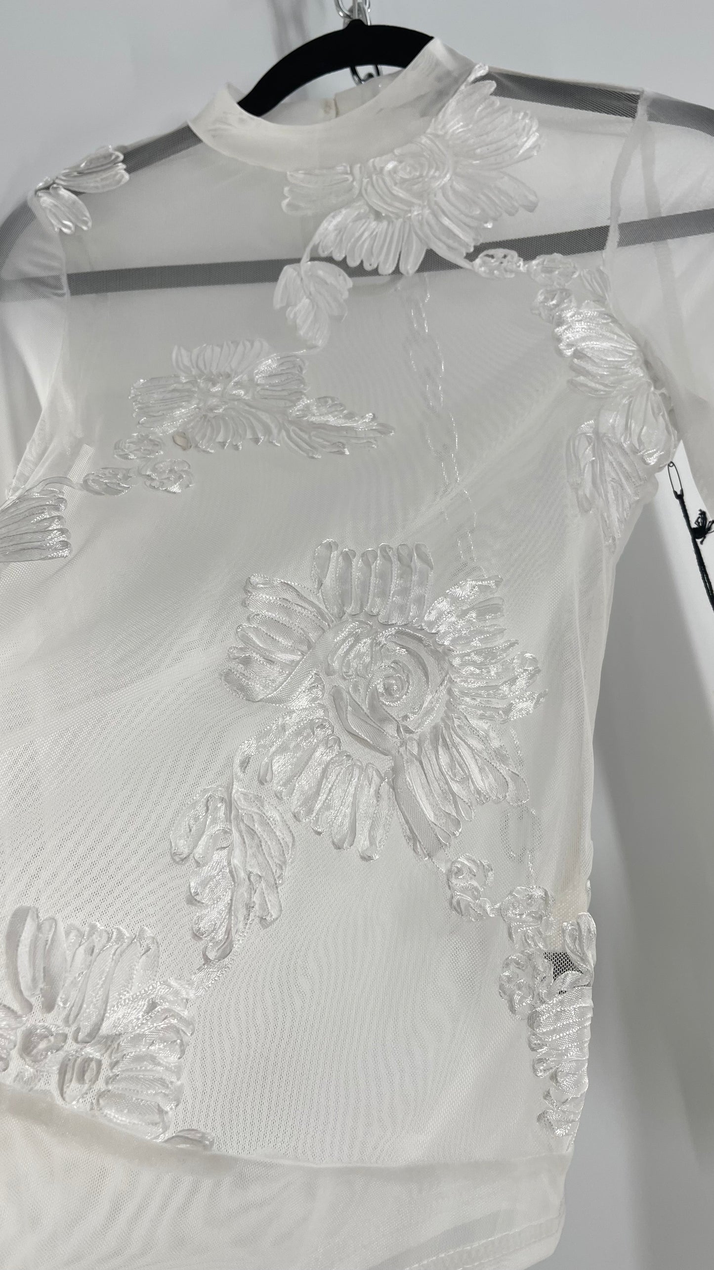 Haute Monde White Mesh Bodysuit with Ribbon Embroidery, Bell Sleeves and Tags (Small)