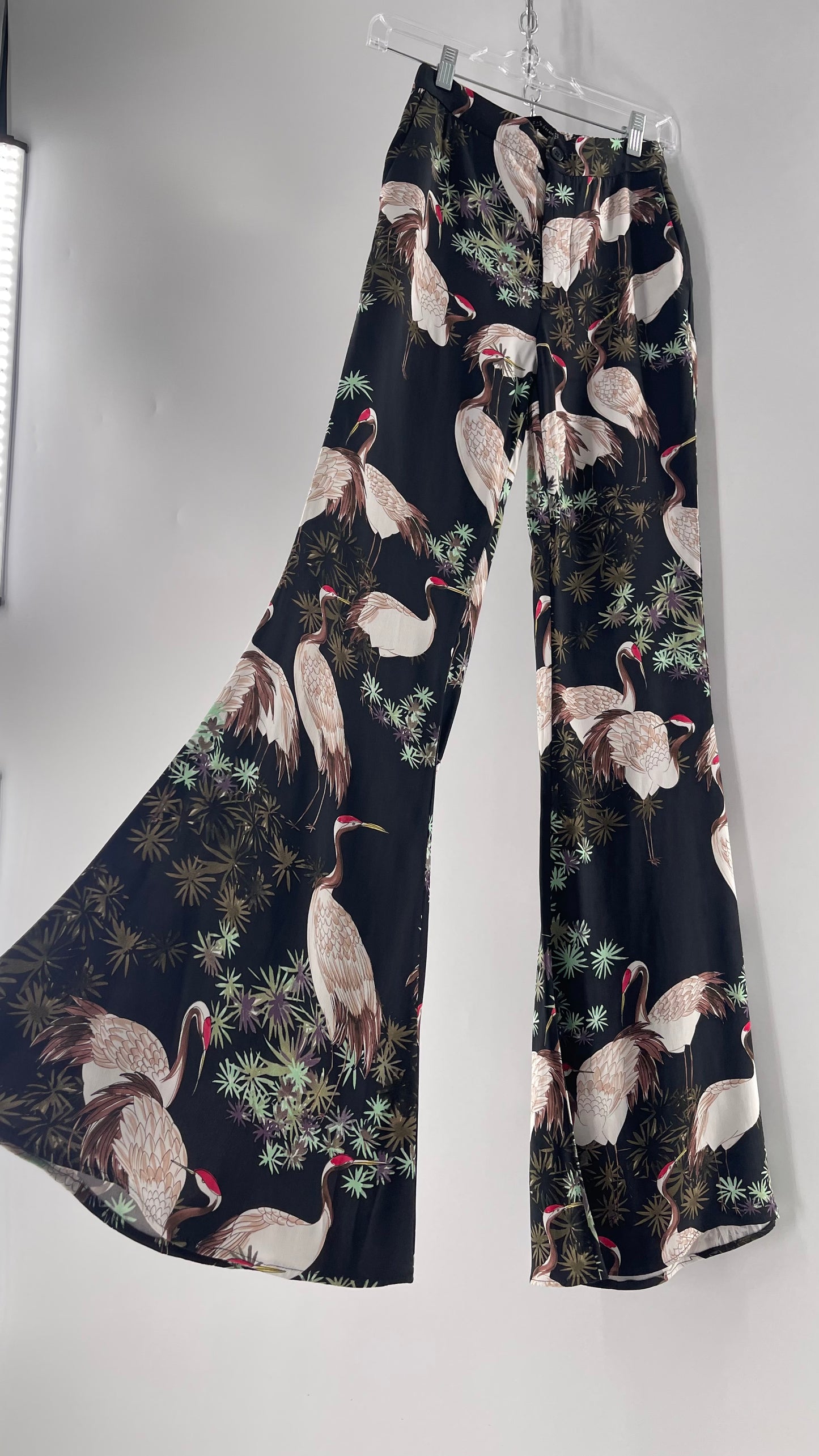 Zara Black Crane Printed Graphic Pocketed Flare Trousers (XS)