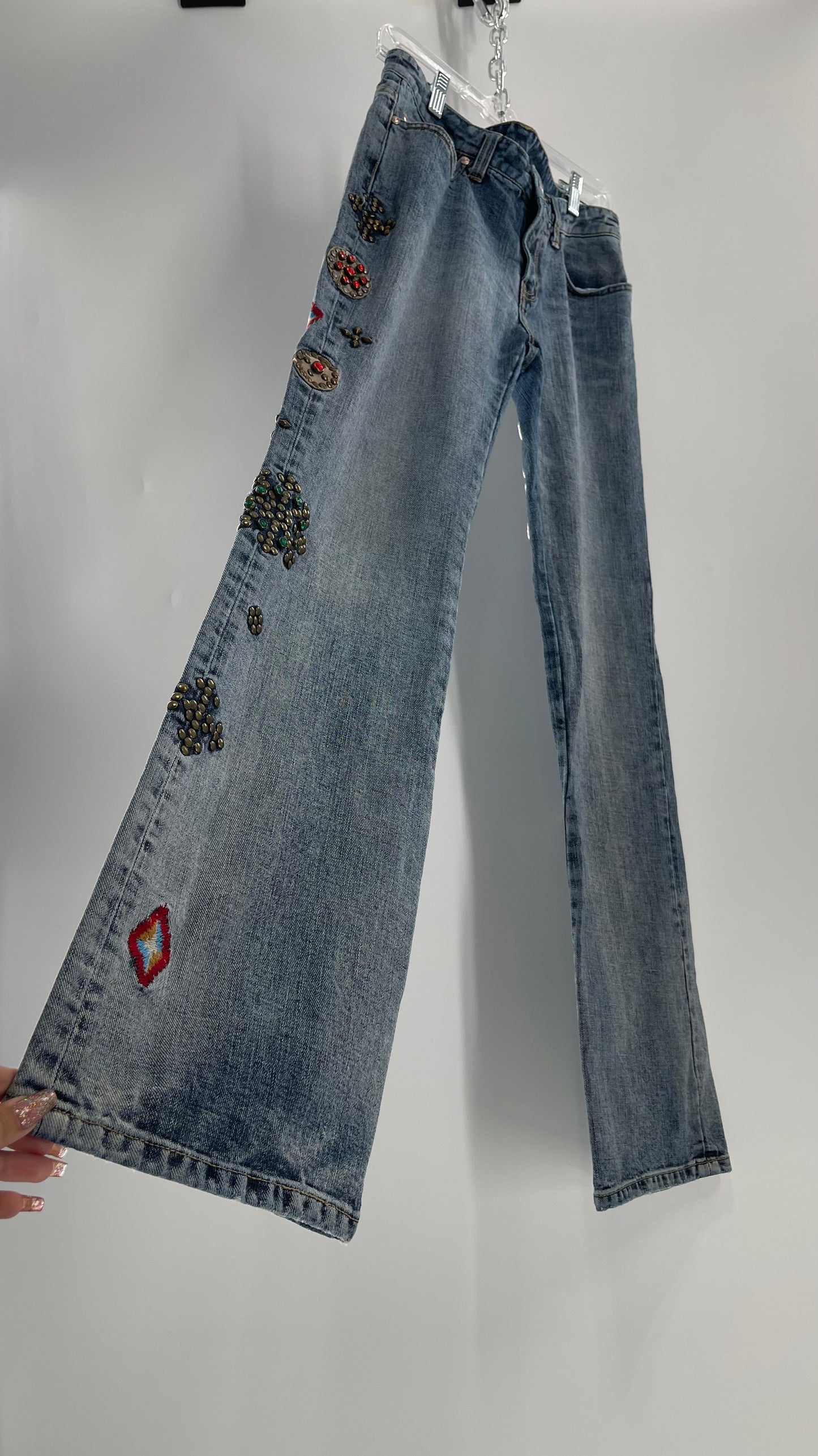 Western Denim Bank Light Wash Straight Legs with Gold/Bronze Metal Studs and Jewels (29)