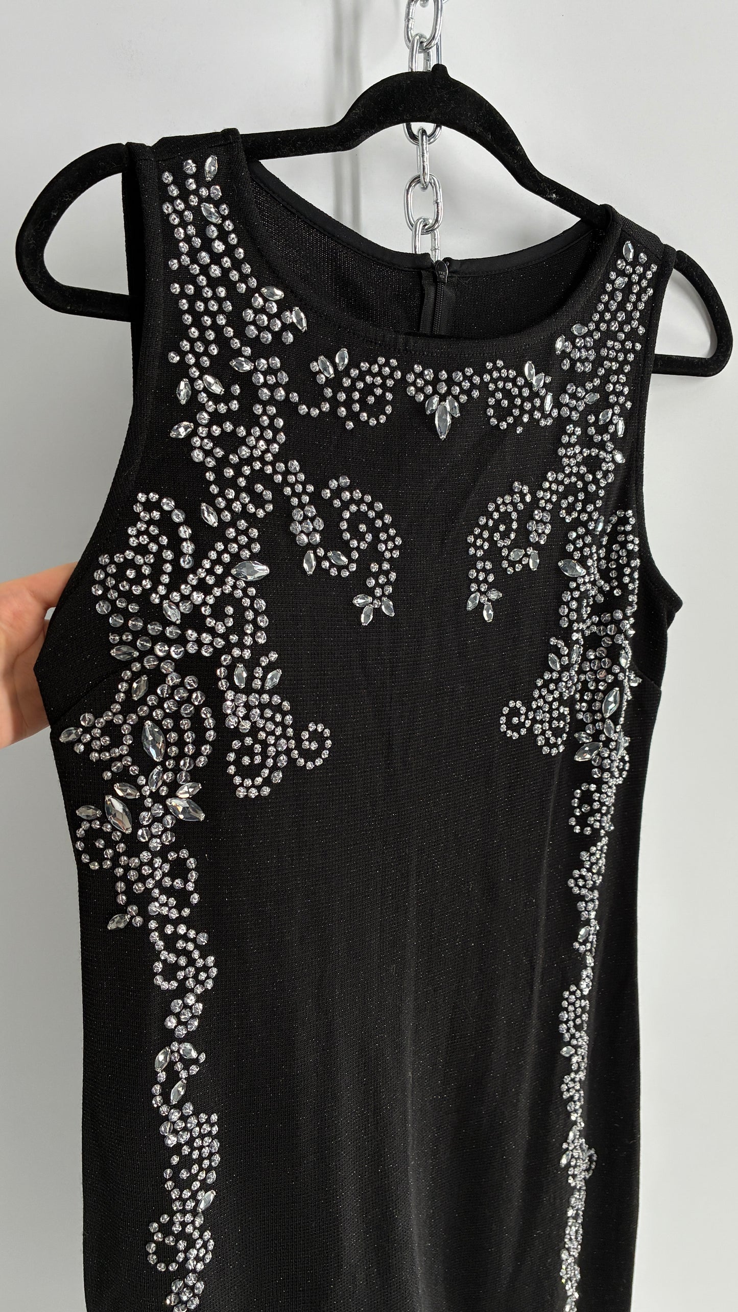 Vintage ST JOHN Black Metallic Wool Knit Dress with Silk Blend Lining and Rhinestone Embellishments (6)