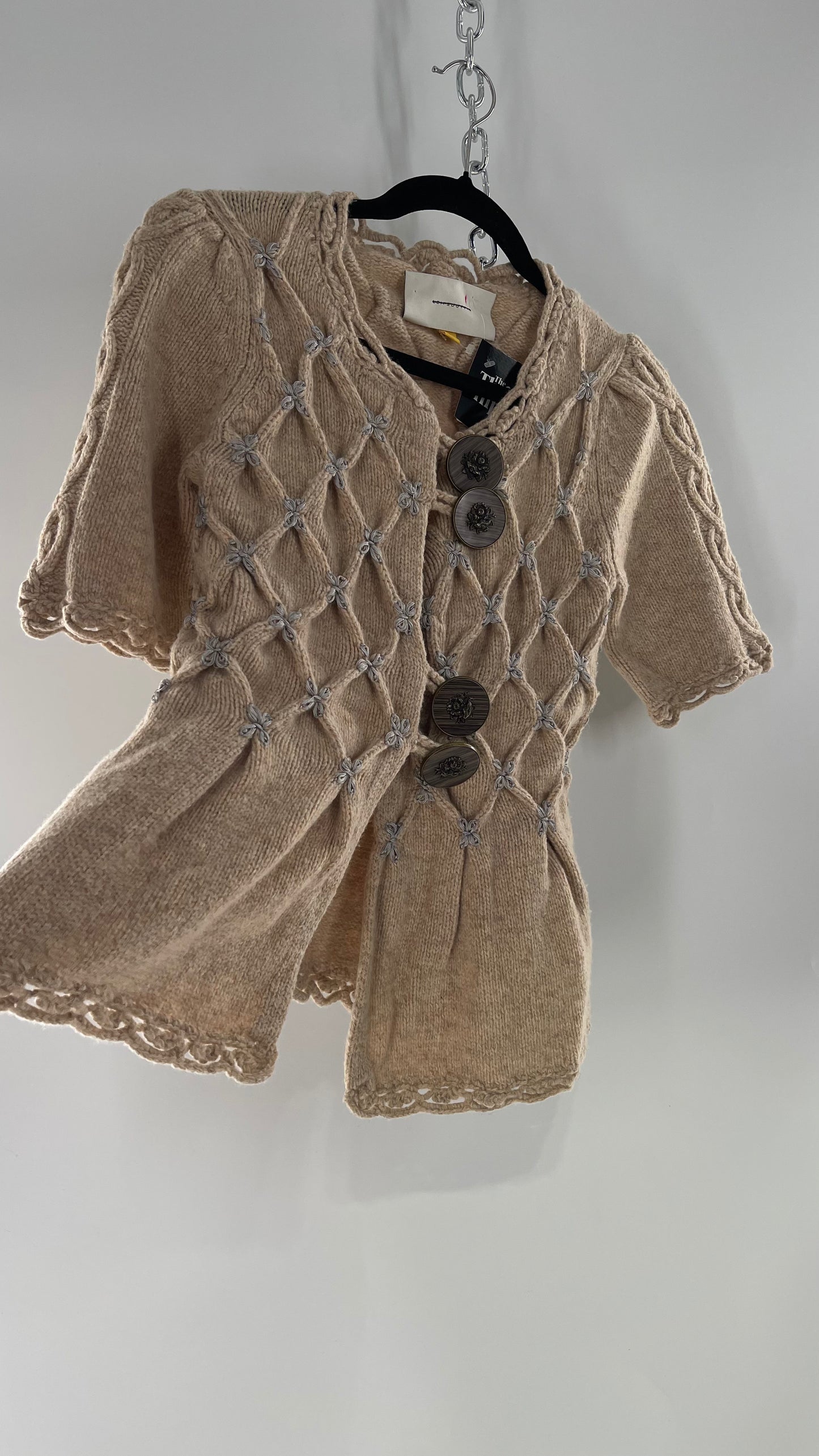 Anthropologie Leifsdottir Knit Argyle Embroidered Sweater with Oversized Statement Buttons (XS)