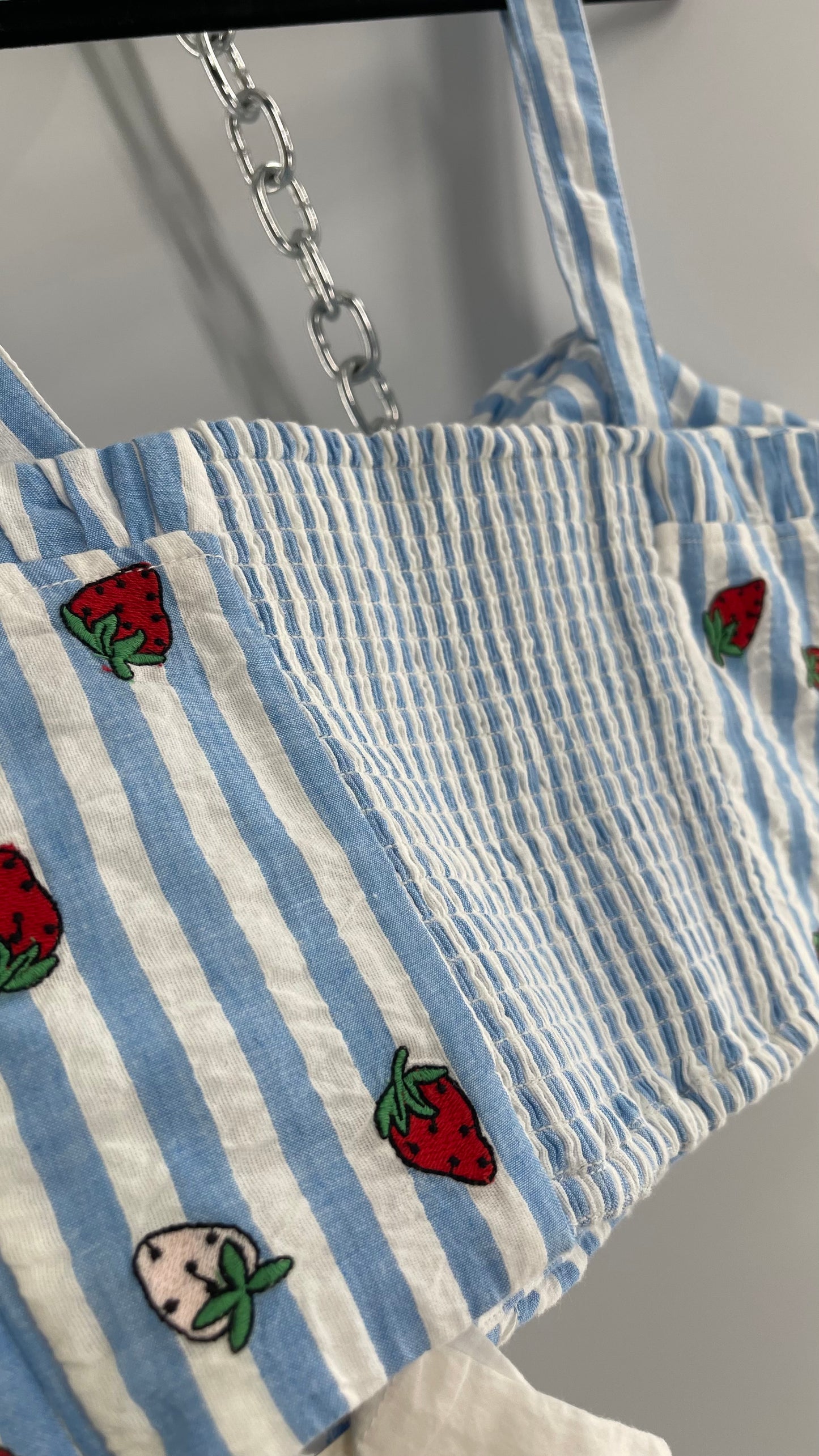 Maeve Anthropologie Baby Blue White Striped Corset Like Crop with Embroidered Strawberries (6)