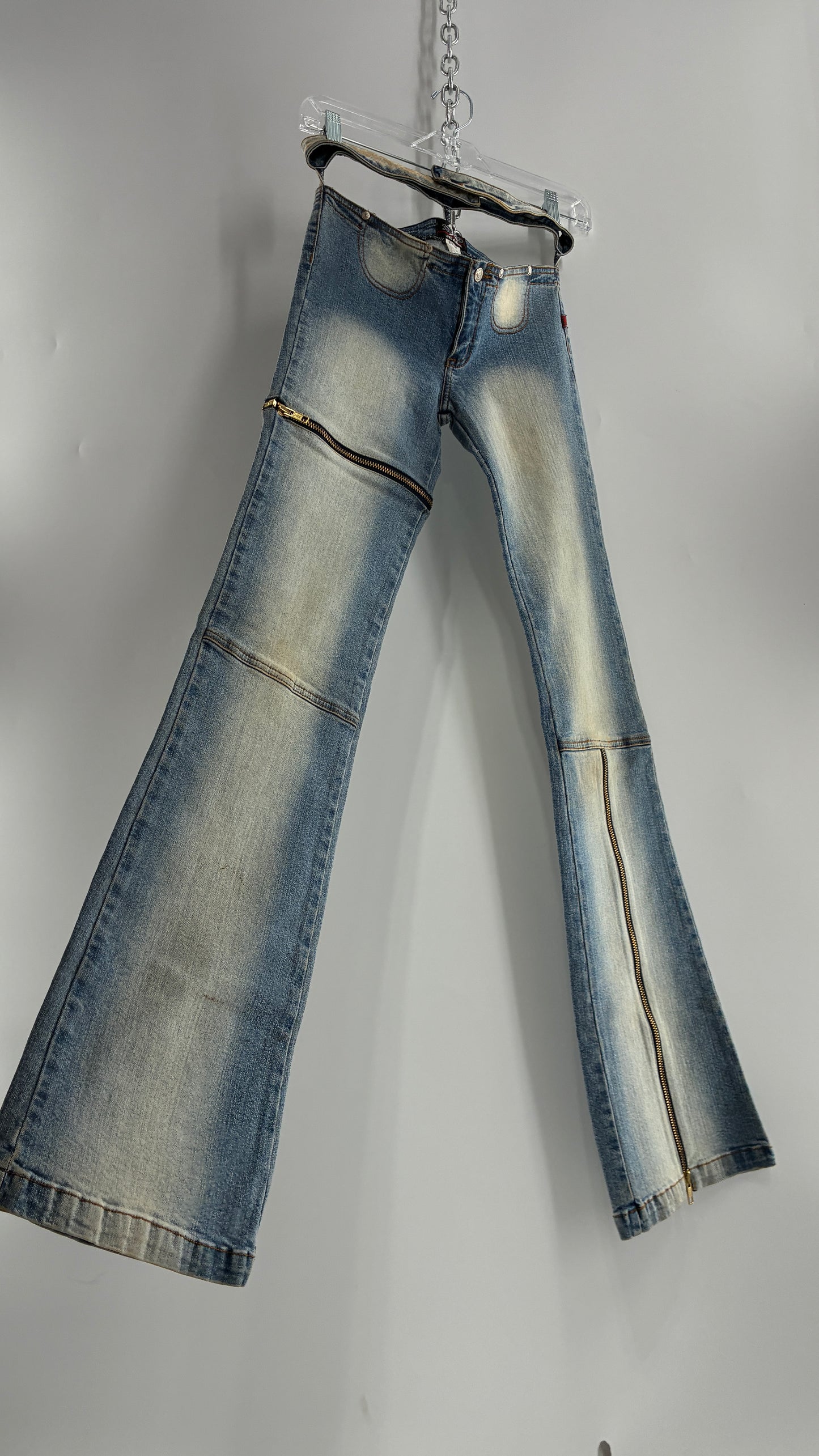 Vintage XCESO JEANS Rare Faded Double Waistband Kickflare Jeans with Functional Zipper Details (Medium*)