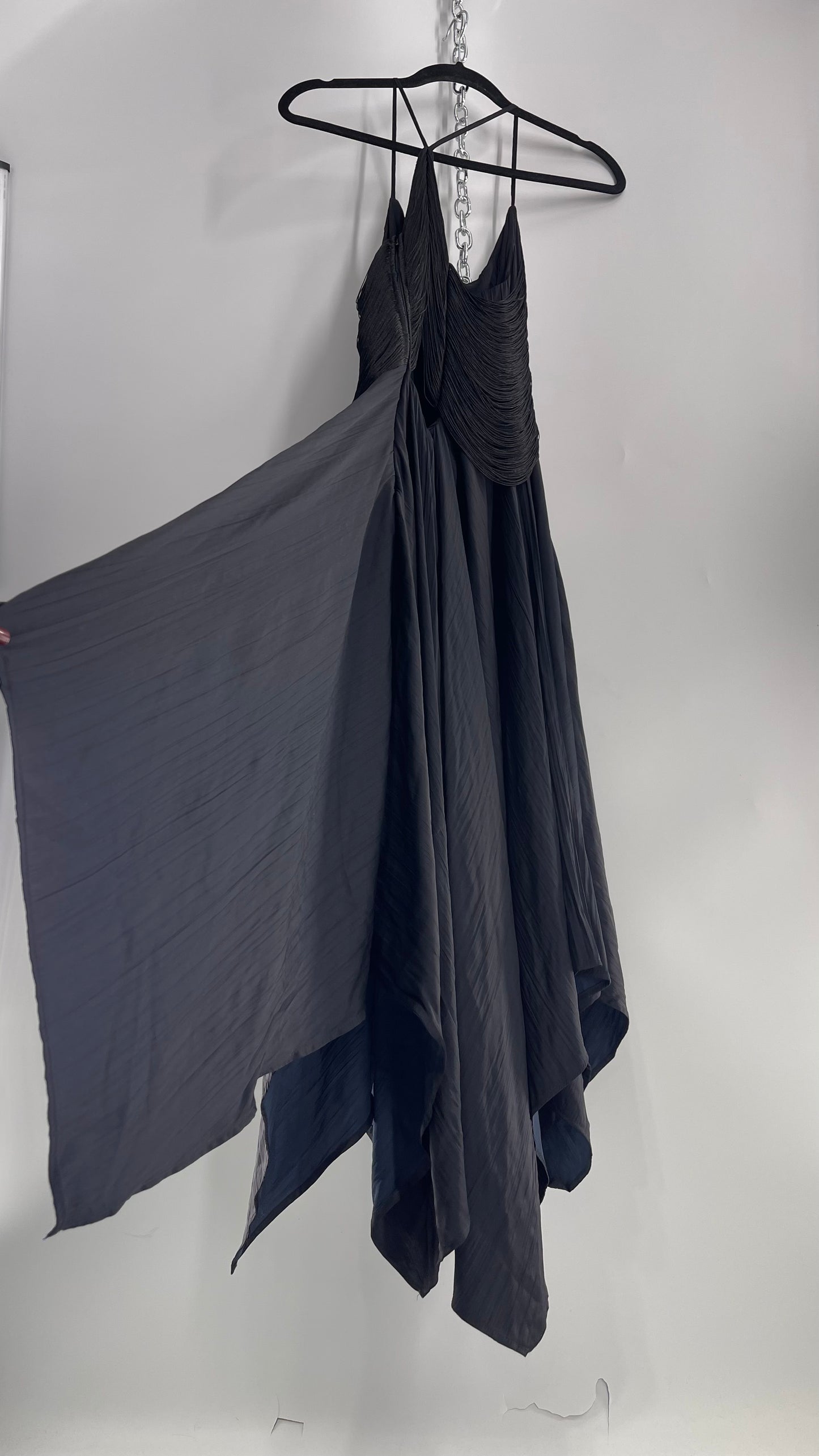Anthropologie Black Handkerchief Hem Midi Dress with Heavy Draped Rope Bodice (4)