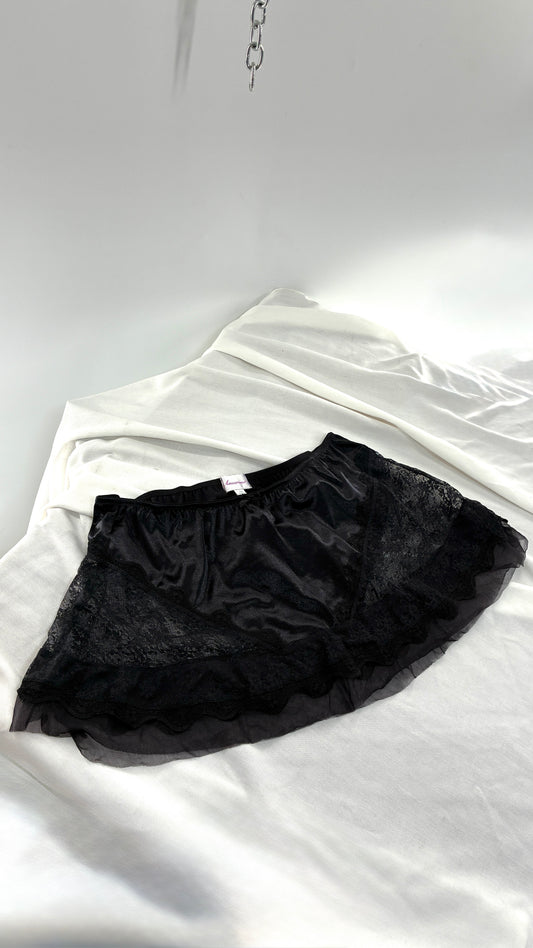 Vintage AMOUREUSE Black Satin Mini Skirt with Lace Hip Panels (1X)