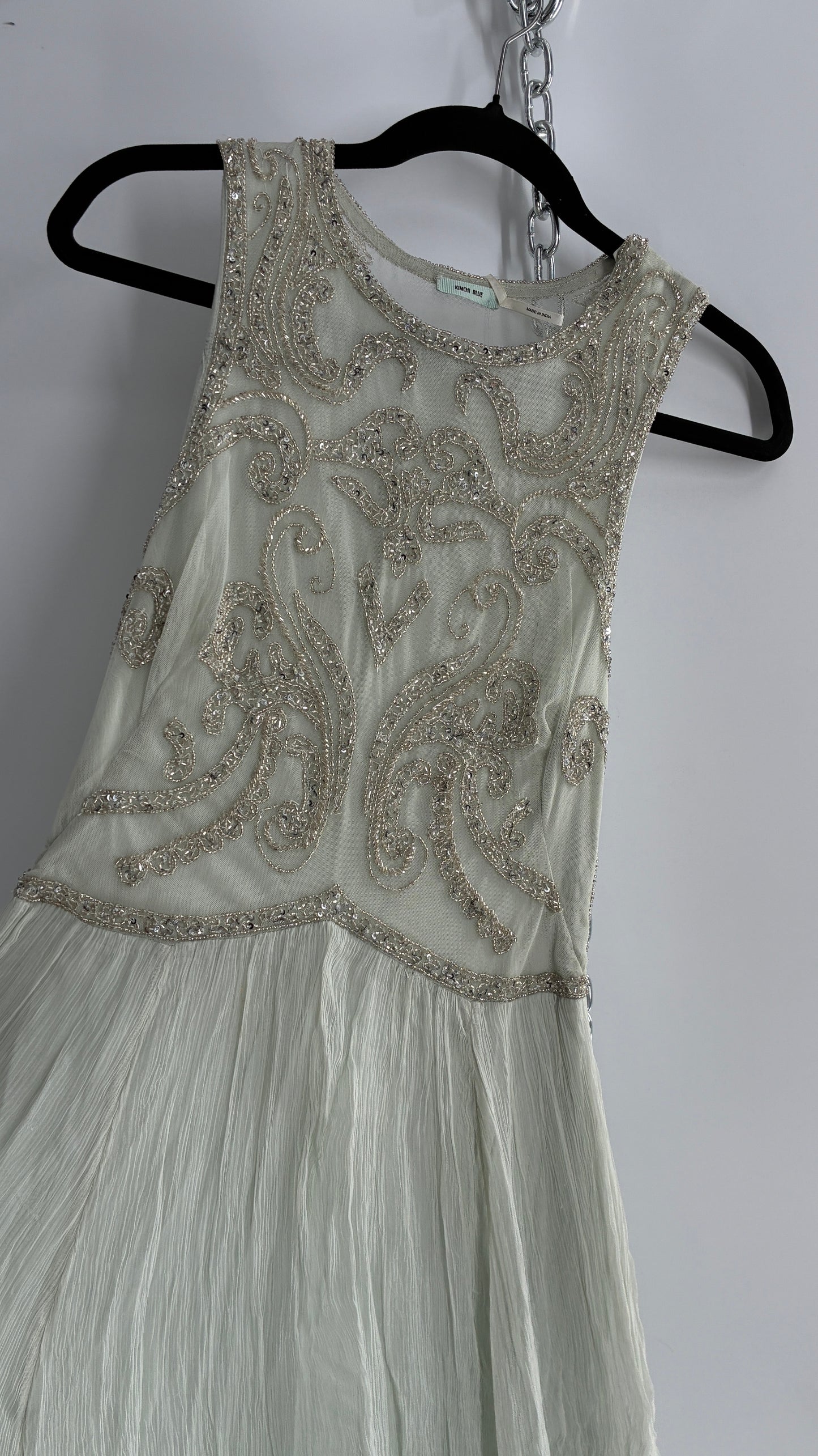 KIMCHI BLUE Light Greyish Seafoam Green Crimped Gown with Beaded Bodice and Sheer Back (2)