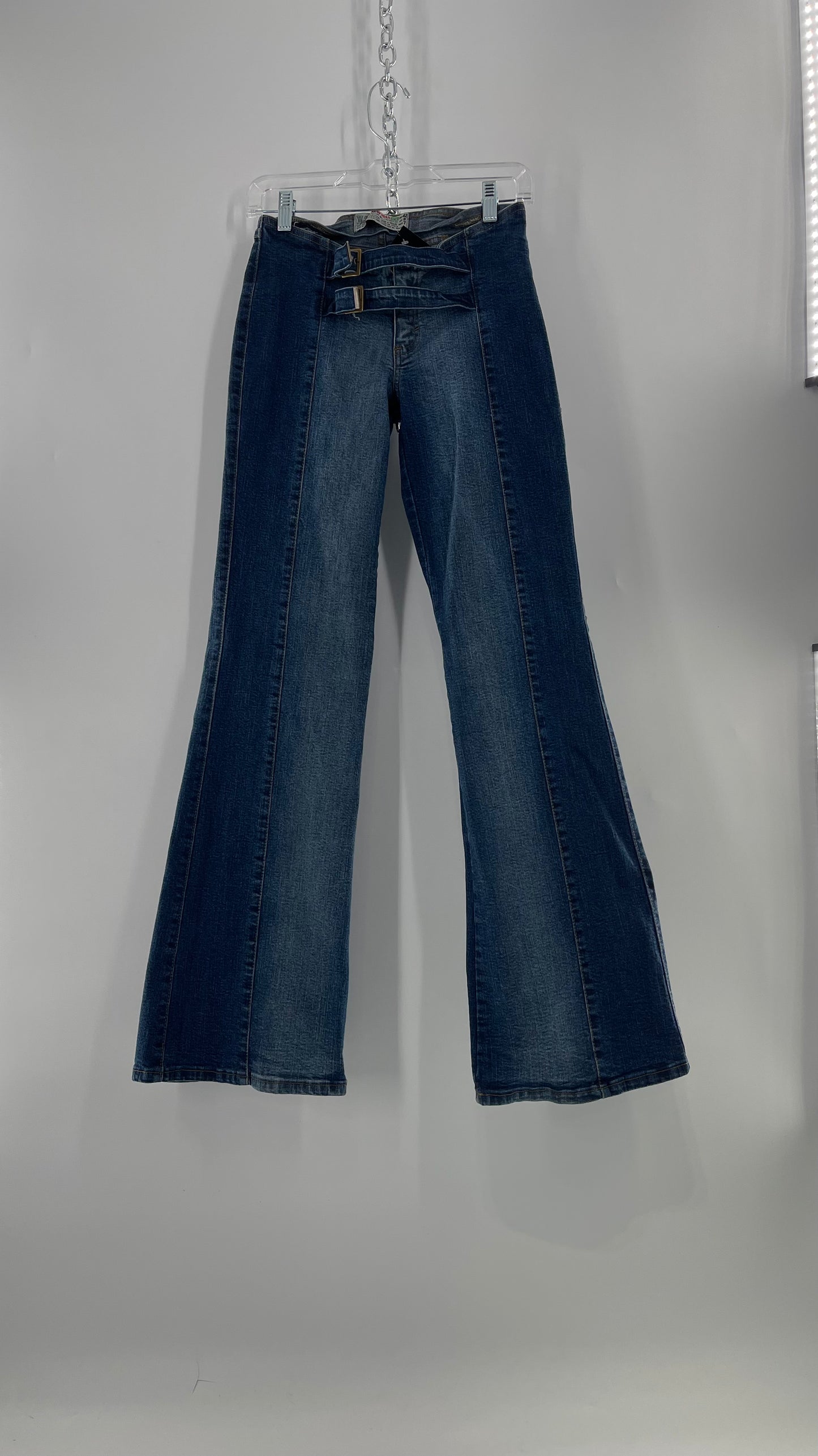 Vintage NewMax Two Toned Paneled Brazilian Jeans with Buckle Jean Strap Closure and Flared Hem (8)