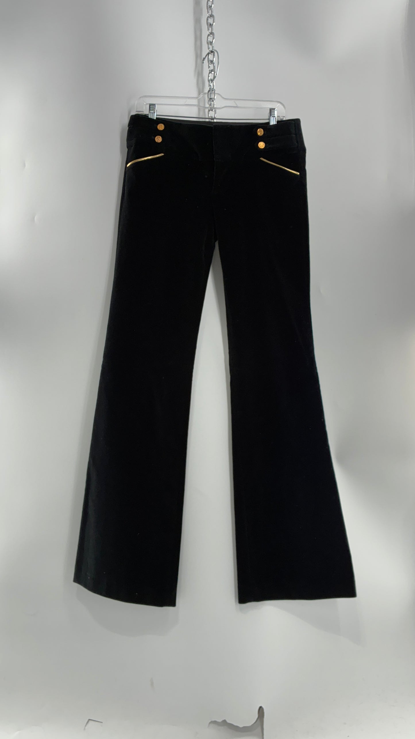 Vintage Alice + Olivia Thick Black Velour Low Rise Kickflare Pants with Thick Waistband with Gold Coin Detailing (6)